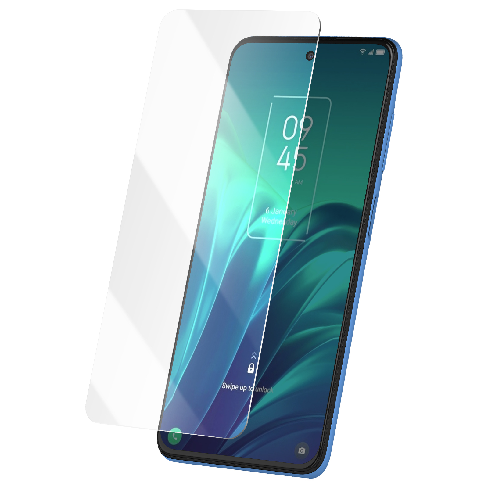 Uno smartphone blu con protezione schermo mostra ora e data. Lo schermo mostra uno sfondo sfumato. Applicata protezione trasparente.