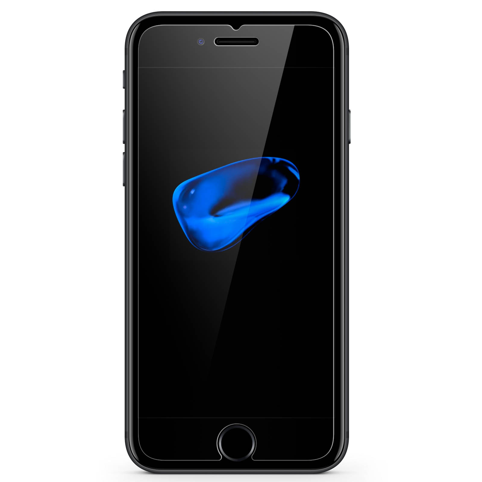 Smartphone nero con una forma astratta blu sullo schermo. Lo sfondo è bianco.