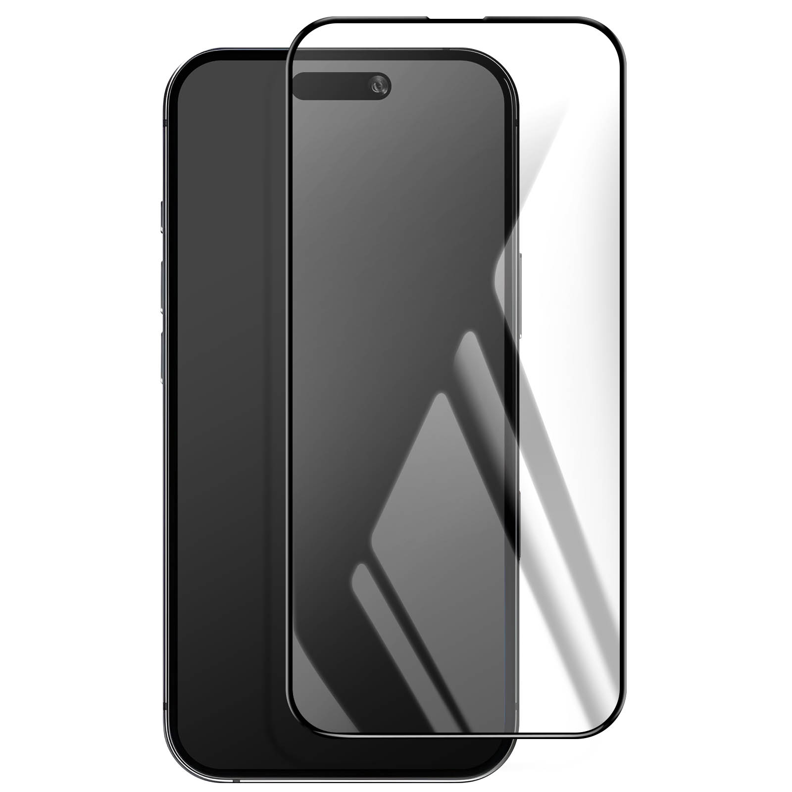 Uno smartphone nero con una protezione per lo schermo è mostrato, la protezione è leggermente spostata. Il telefono ha una fotocamera.