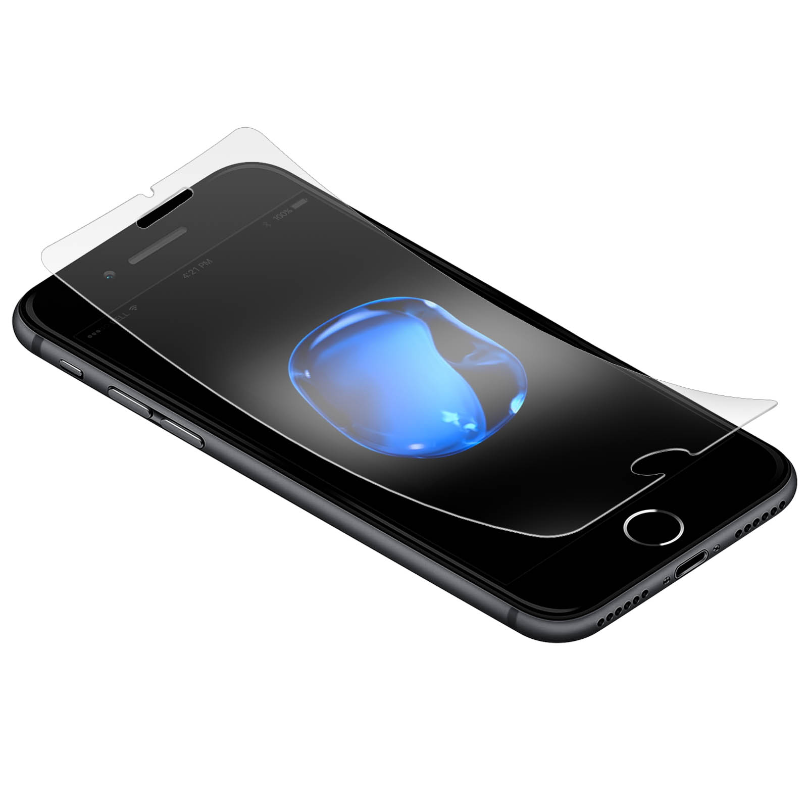 Uno smartphone nero con una protezione per lo schermo applicata. Lo schermo mostra una goccia d'acqua blu.