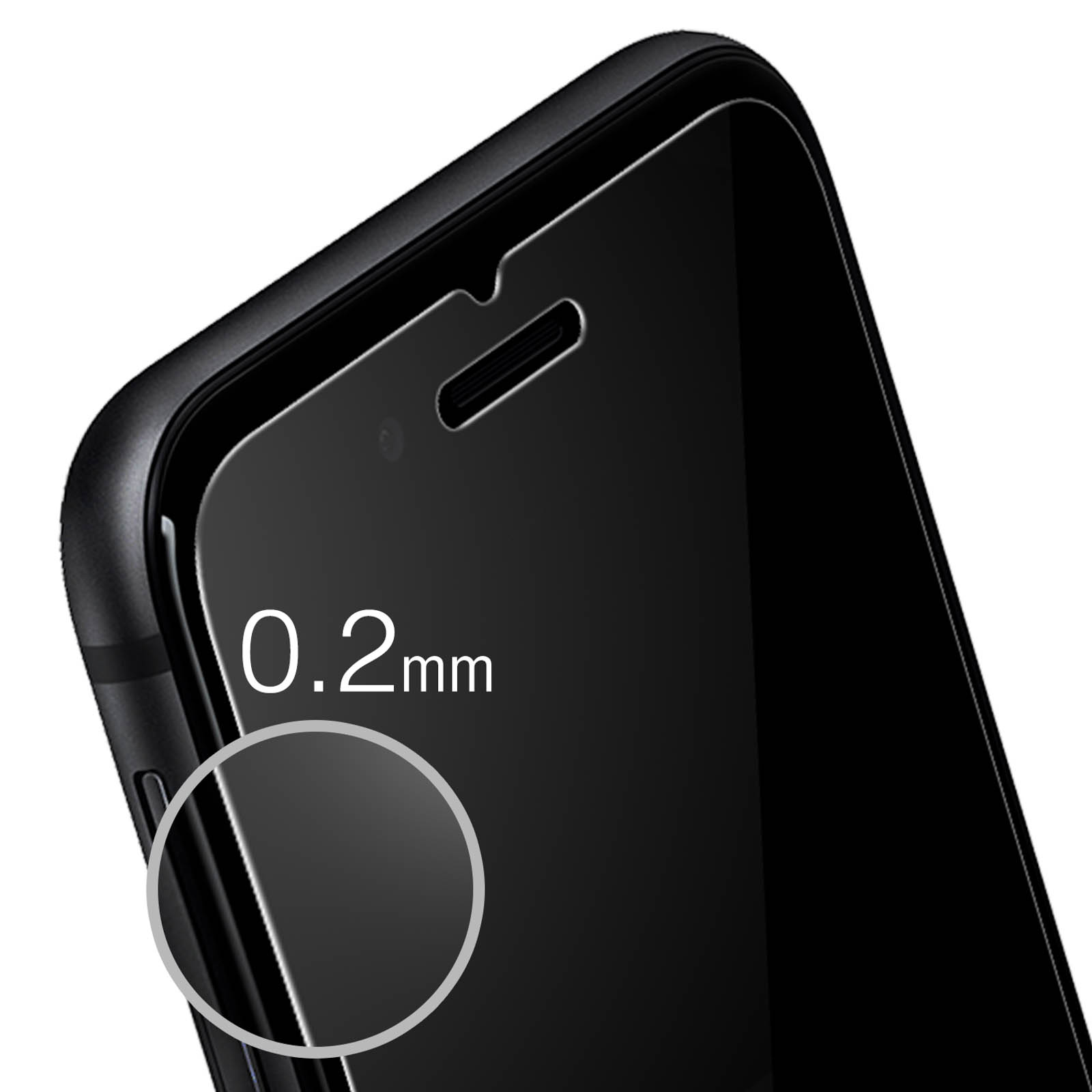 Primo piano di una protezione schermo nera per smartphone. Mostra lo schermo con un ritaglio per la fotocamera e l'altoparlante. Il testo "0,2 mm" è visibile.