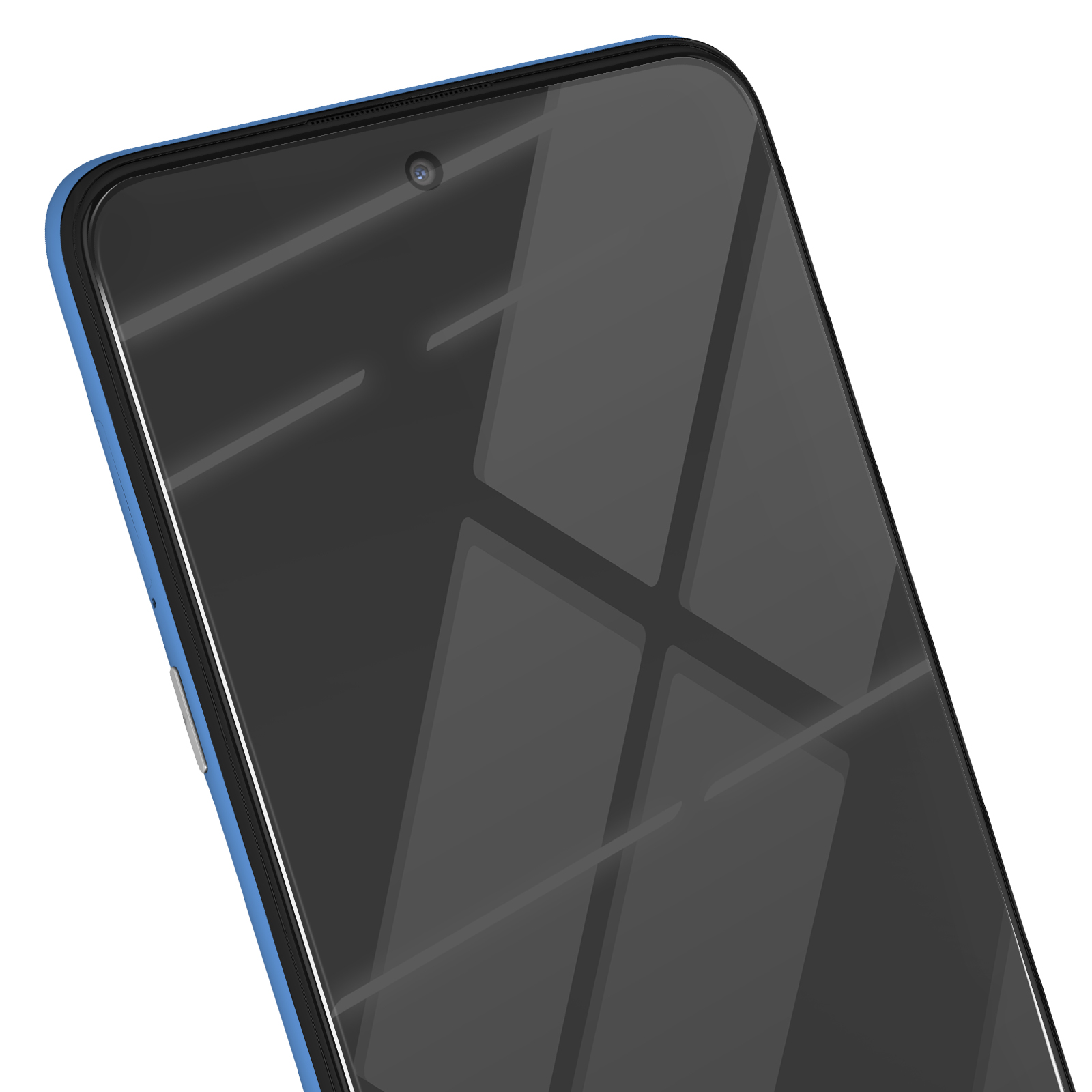 Primo piano di uno smartphone. Lo schermo è nero. Il telefono ha una cornice blu. Una fotocamera è visibile in alto.