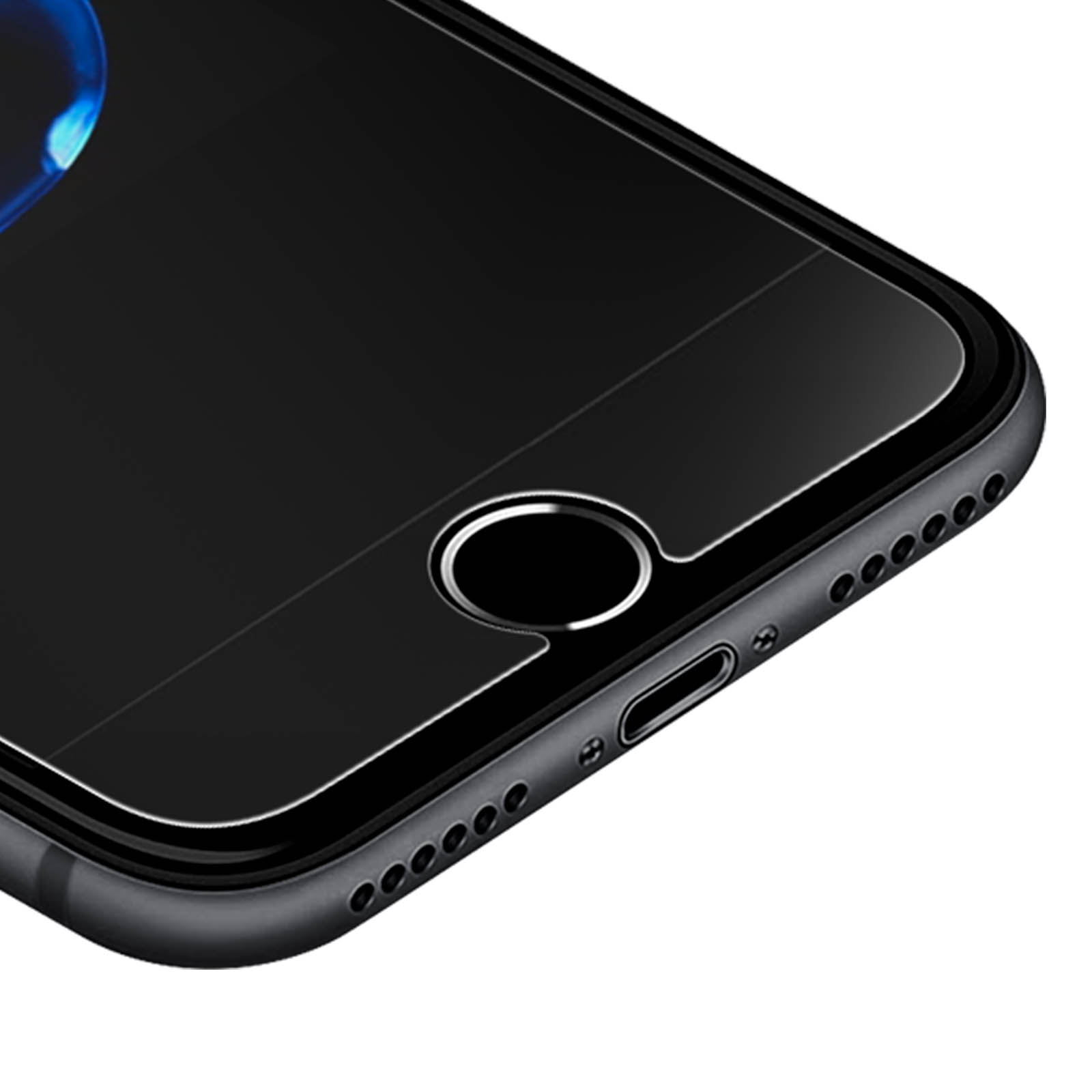 Primo piano di uno smartphone nero. Lo schermo è scuro. Il pulsante home e l'altoparlante sono visibili. Il telefono ha una cornice nera.