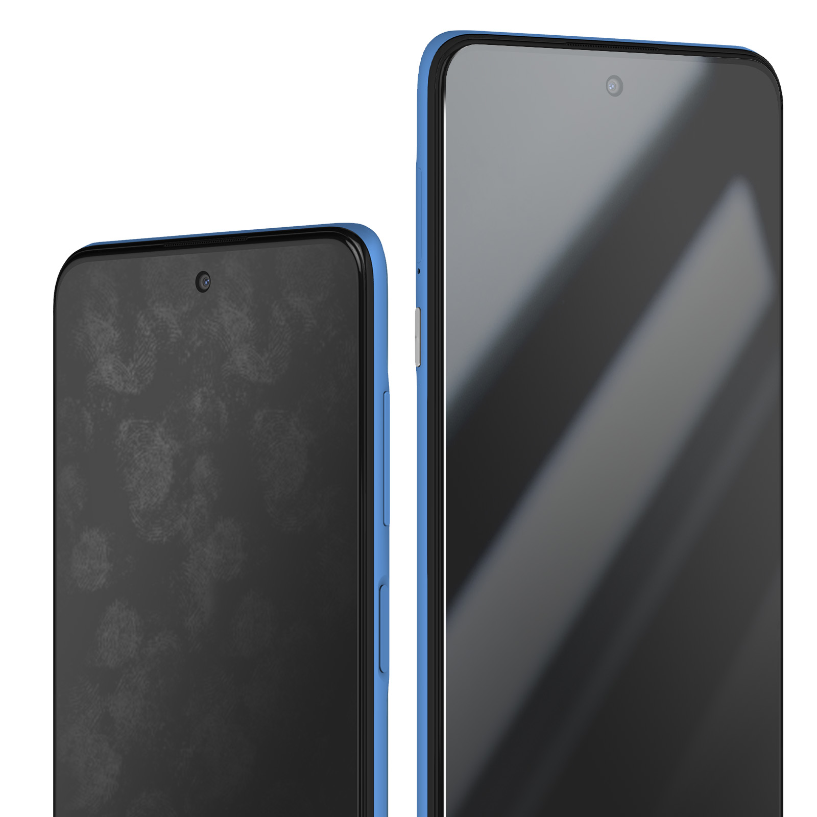Due smartphone con schermi neri, cornici blu e fotocamere in alto. Uno schermo mostra macchie di impronte digitali.