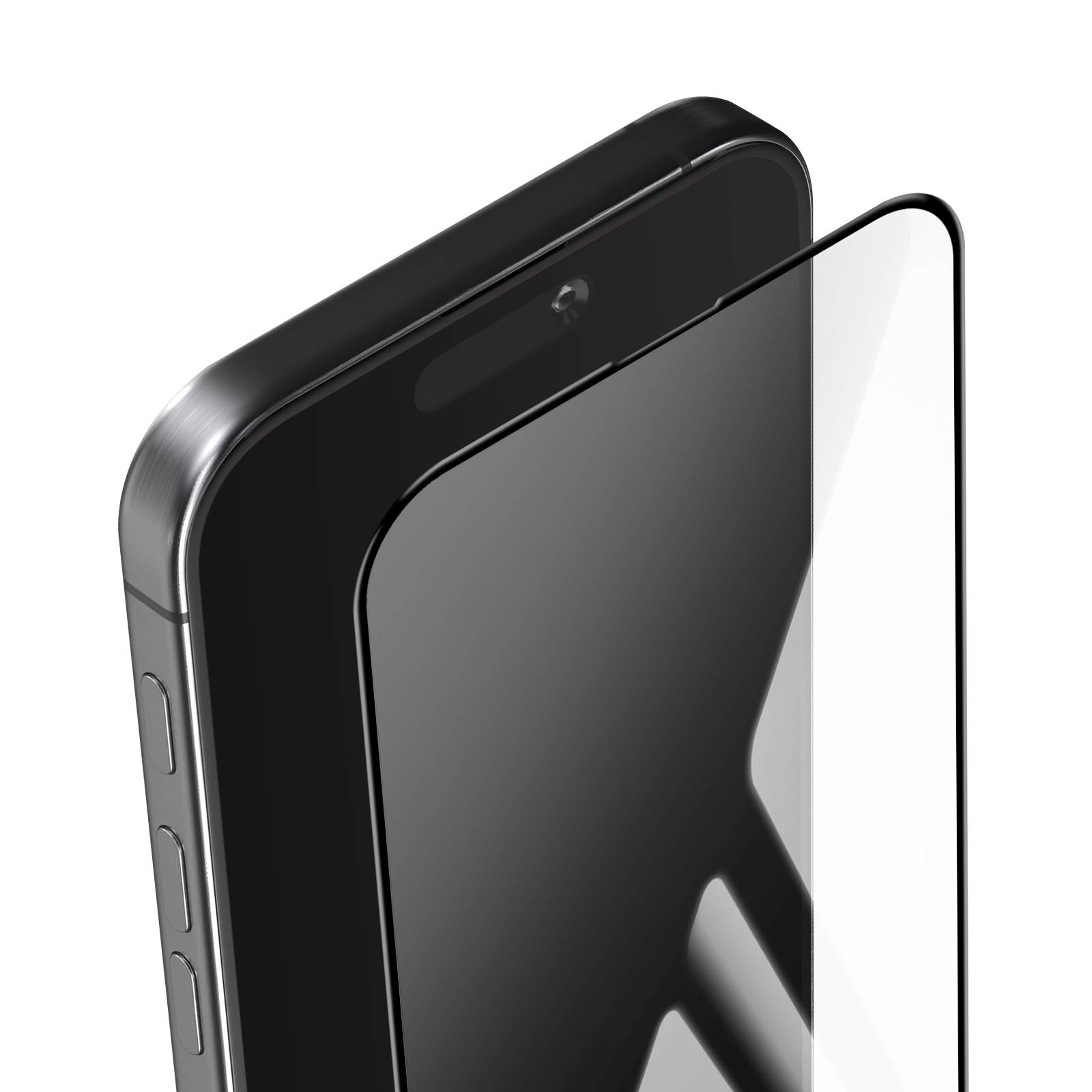 Primo piano di uno smartphone con una protezione per lo schermo. Il telefono è nero con cornice argentata. La protezione è trasparente.