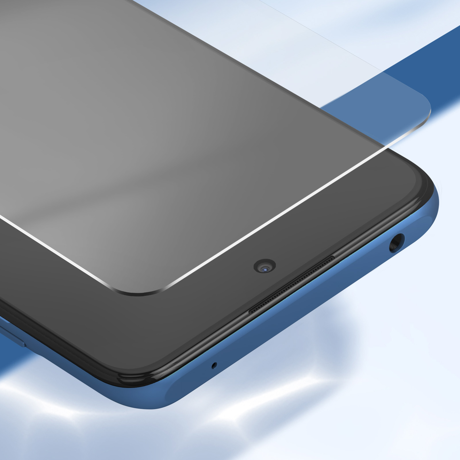 Primo piano di uno smartphone blu con una protezione per lo schermo. Lo schermo è grigio scuro. Lo sfondo è azzurro.