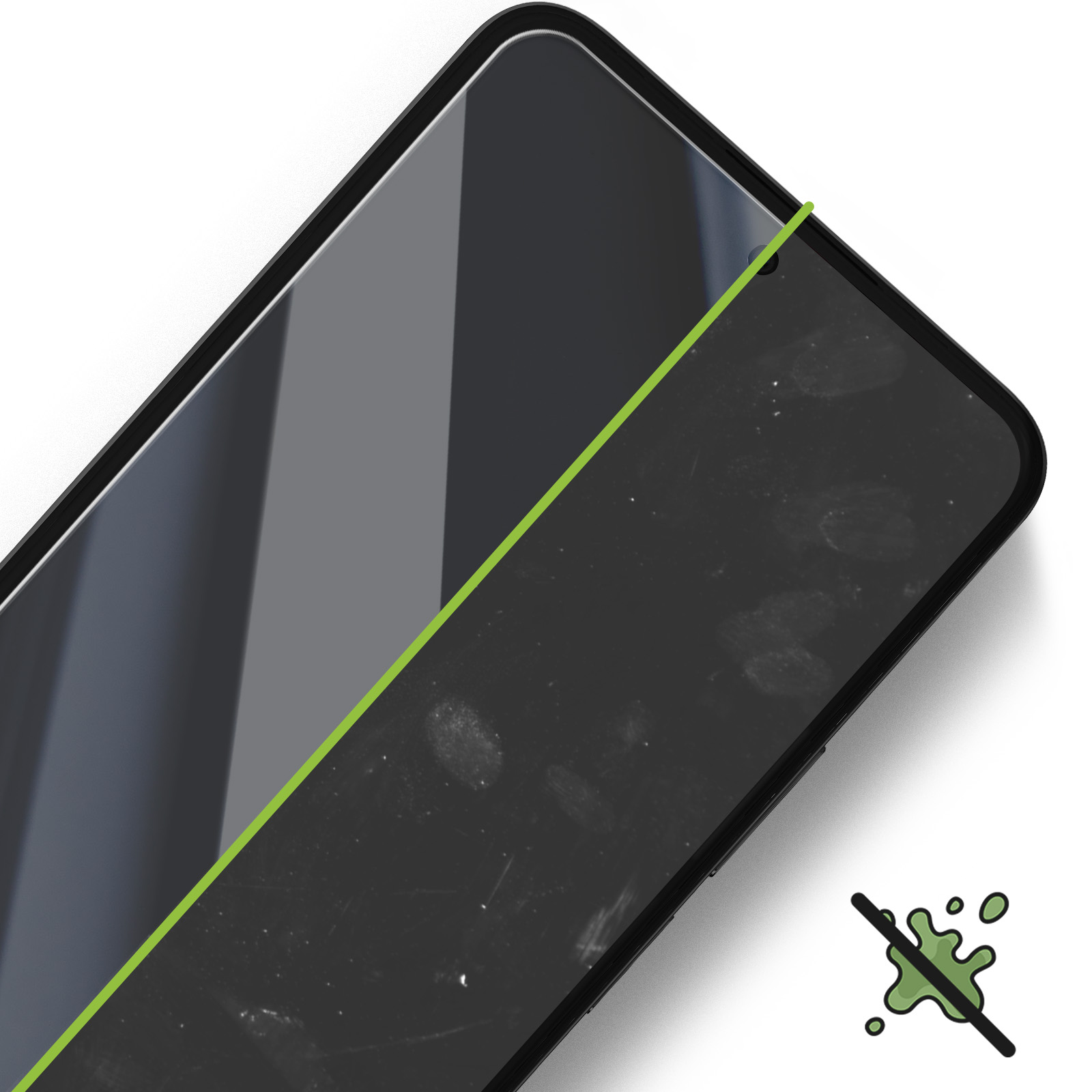Schermo di smartphone, metà pulito e metà sporco. Una linea verde separa le due aree. C'è un simbolo anti-schizzo in basso a destra.
