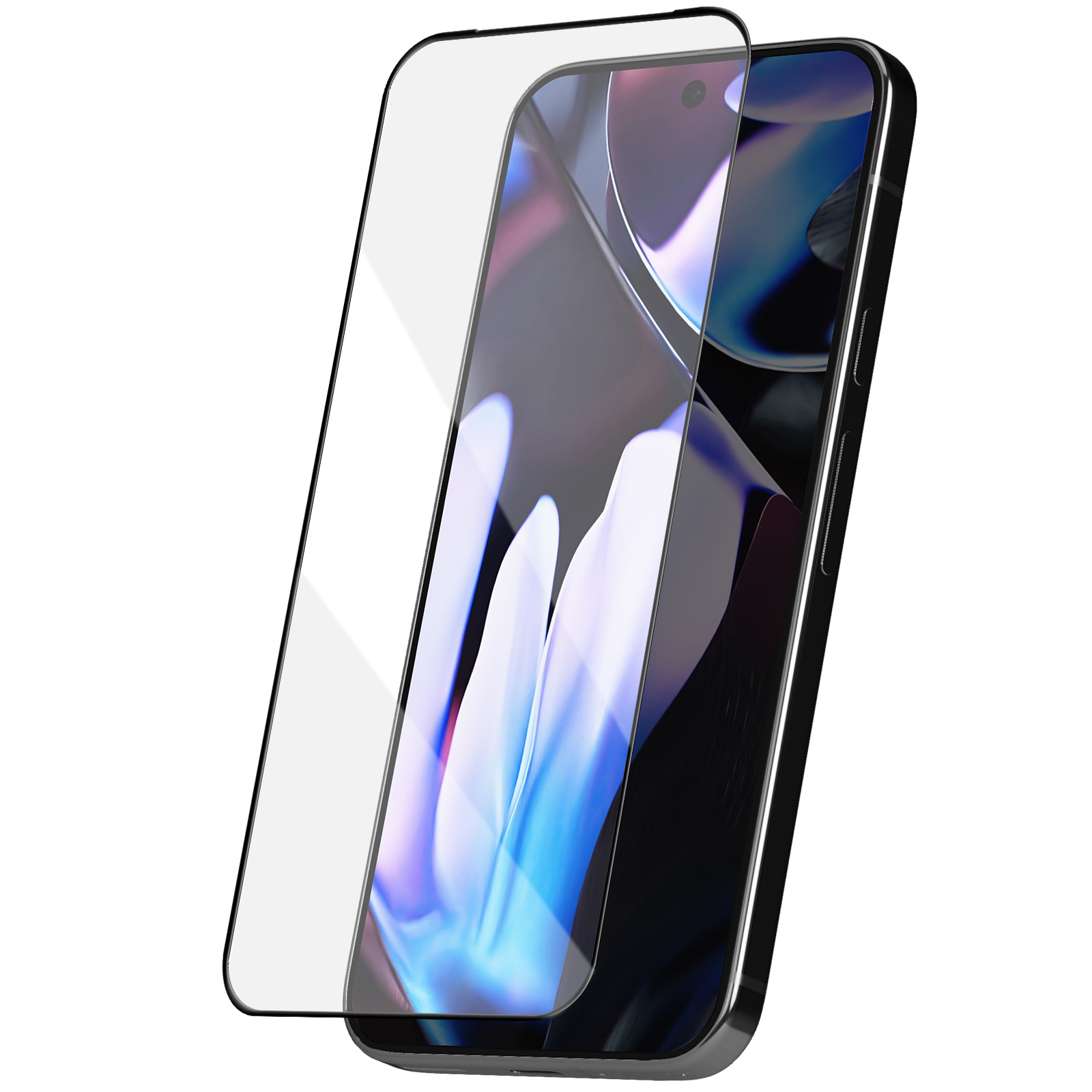 Uno smartphone con protezione schermo. Il telefono è nero, la protezione trasparente.