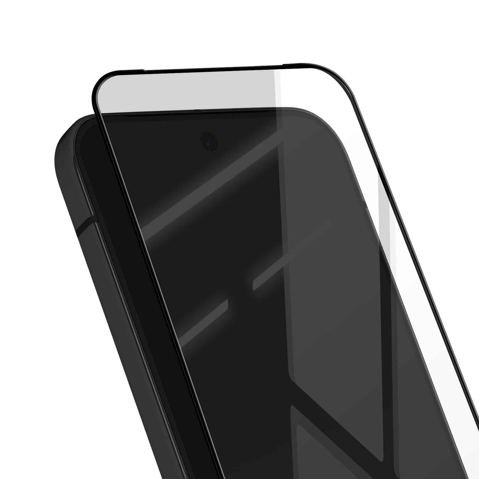 Uno smartphone nero con protezione schermo. Il telefono è angolato, mostrando un obiettivo e riflessi. Sfondo bianco.