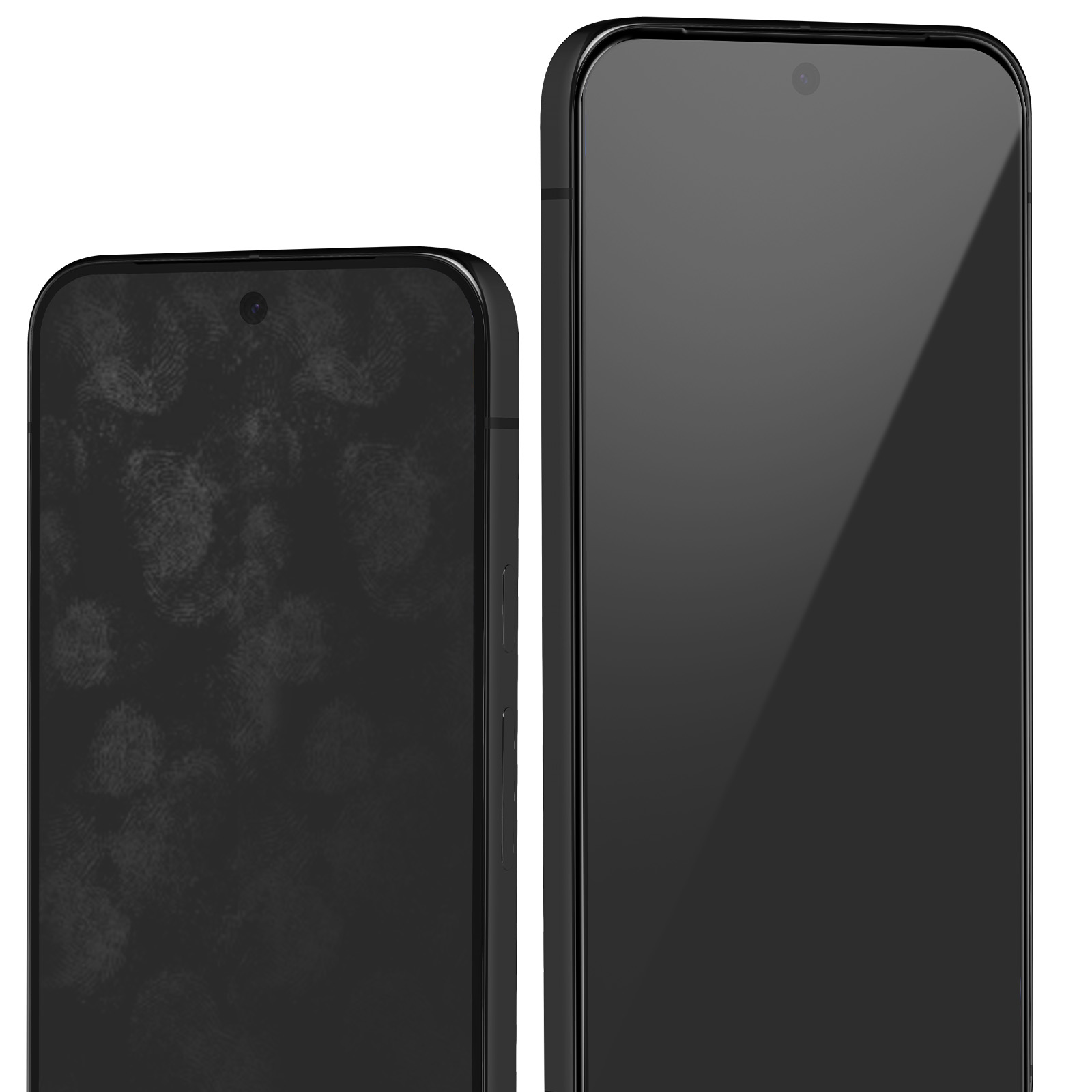 Due smartphone neri. Uno ha impronte digitali sullo schermo. Entrambi hanno fotocamere.