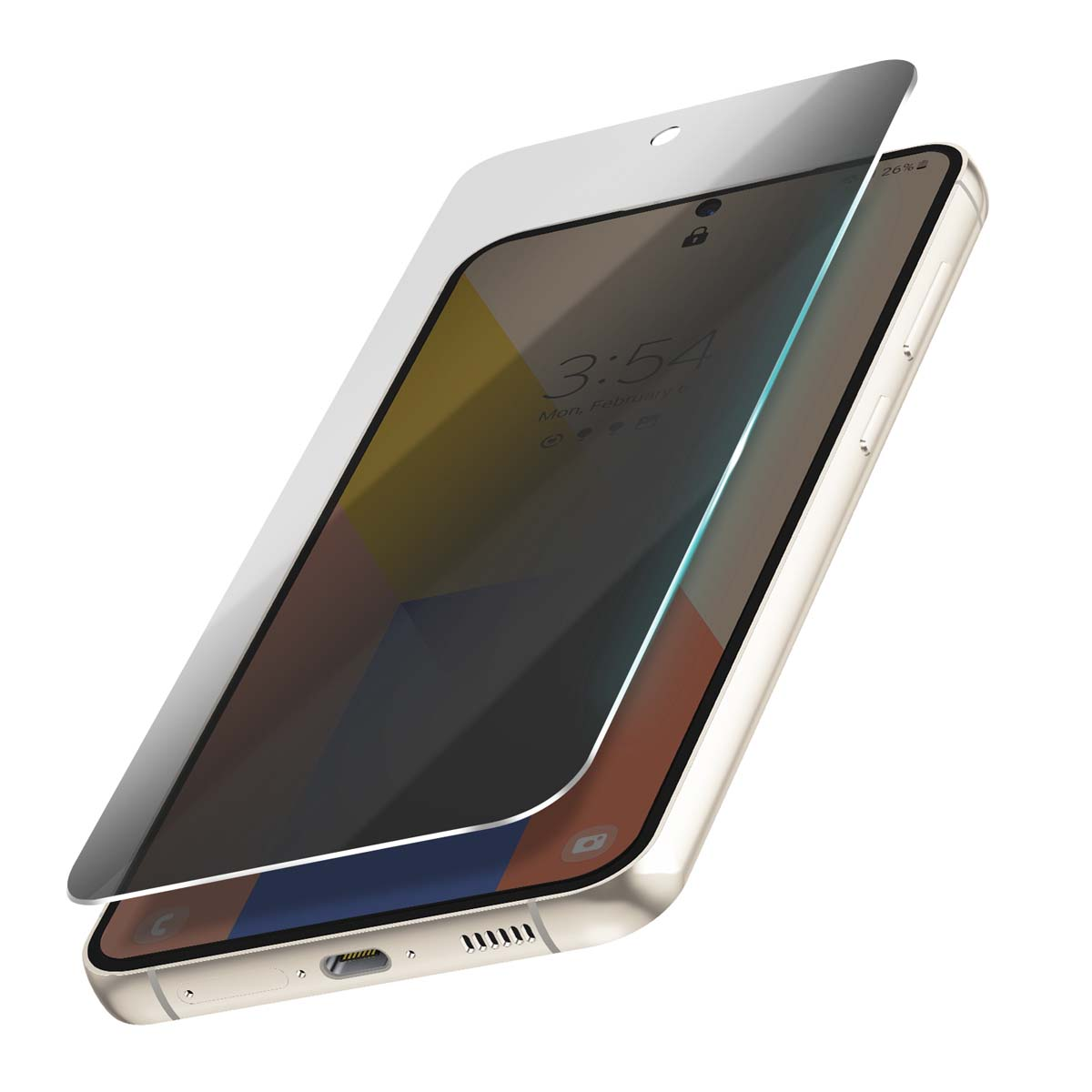 Un smartphone avec un protecteur d'écran. L'écran affiche l'heure, la date et le pourcentage de batterie. Le téléphone est doré.