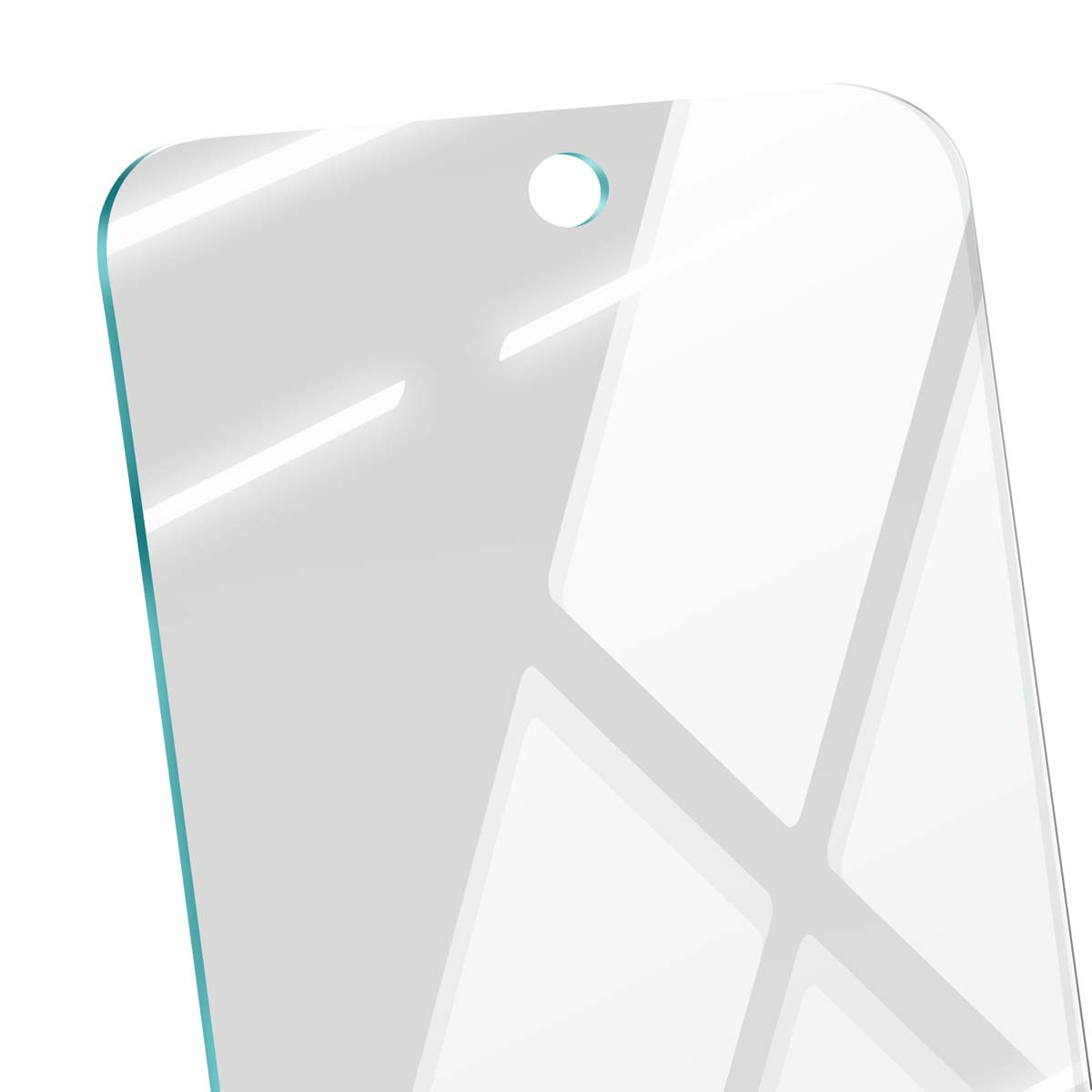 Un protecteur d'écran clair et rectangulaire avec un dessus arrondi et une petite découpe circulaire. Il reflète la lumière blanche.