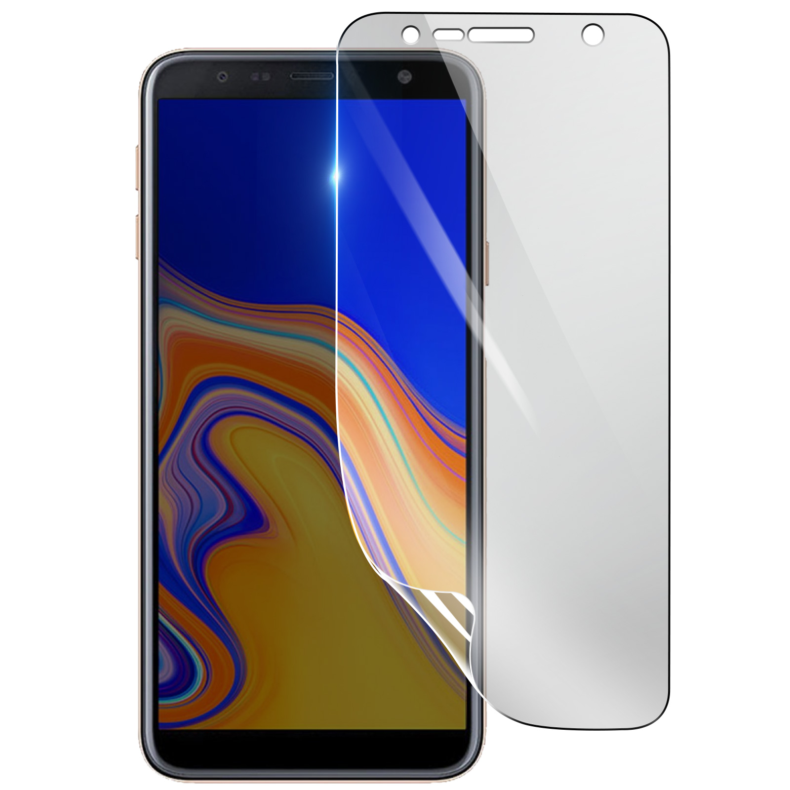 Uno smartphone nero con una protezione schermo parzialmente staccata. Lo schermo mostra uno sfondo astratto colorato. Sfondo bianco.