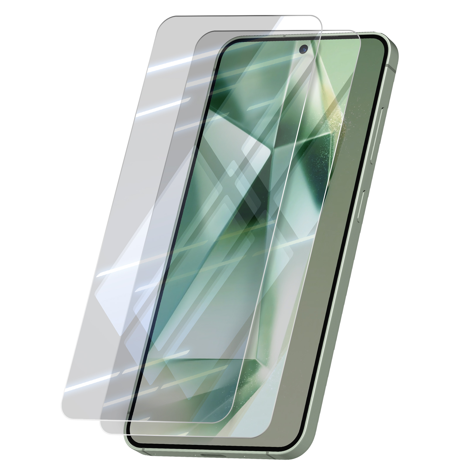 Viene mostrato un cellulare con una protezione per lo schermo. Il telefono è verde chiaro. La protezione è trasparente.