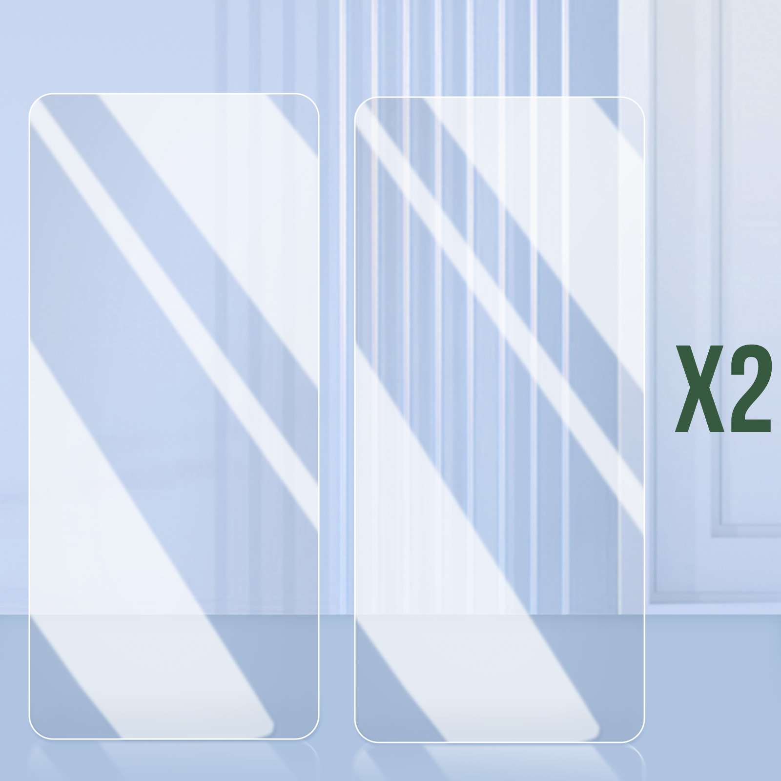 Due pannelli di vetro trasparenti e rettangolari si ergono su uno sfondo azzurro con ombre. Il numero 'X2' è sulla destra.