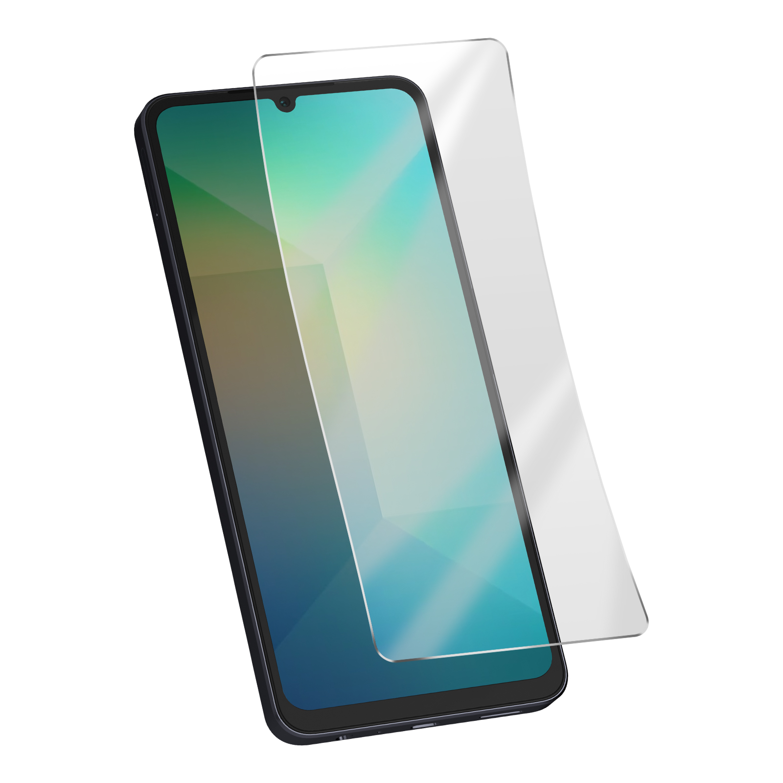Un smartphone con protector de pantalla. El teléfono es negro, la pantalla muestra un fondo colorido. El protector es transparente.