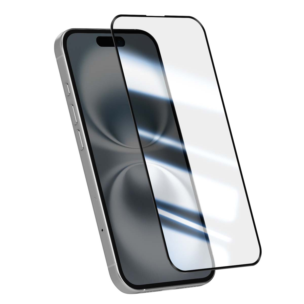 Un smartphone argenté avec une protection d'écran superposée. Le protecteur est transparent et le téléphone est incliné sur fond blanc.