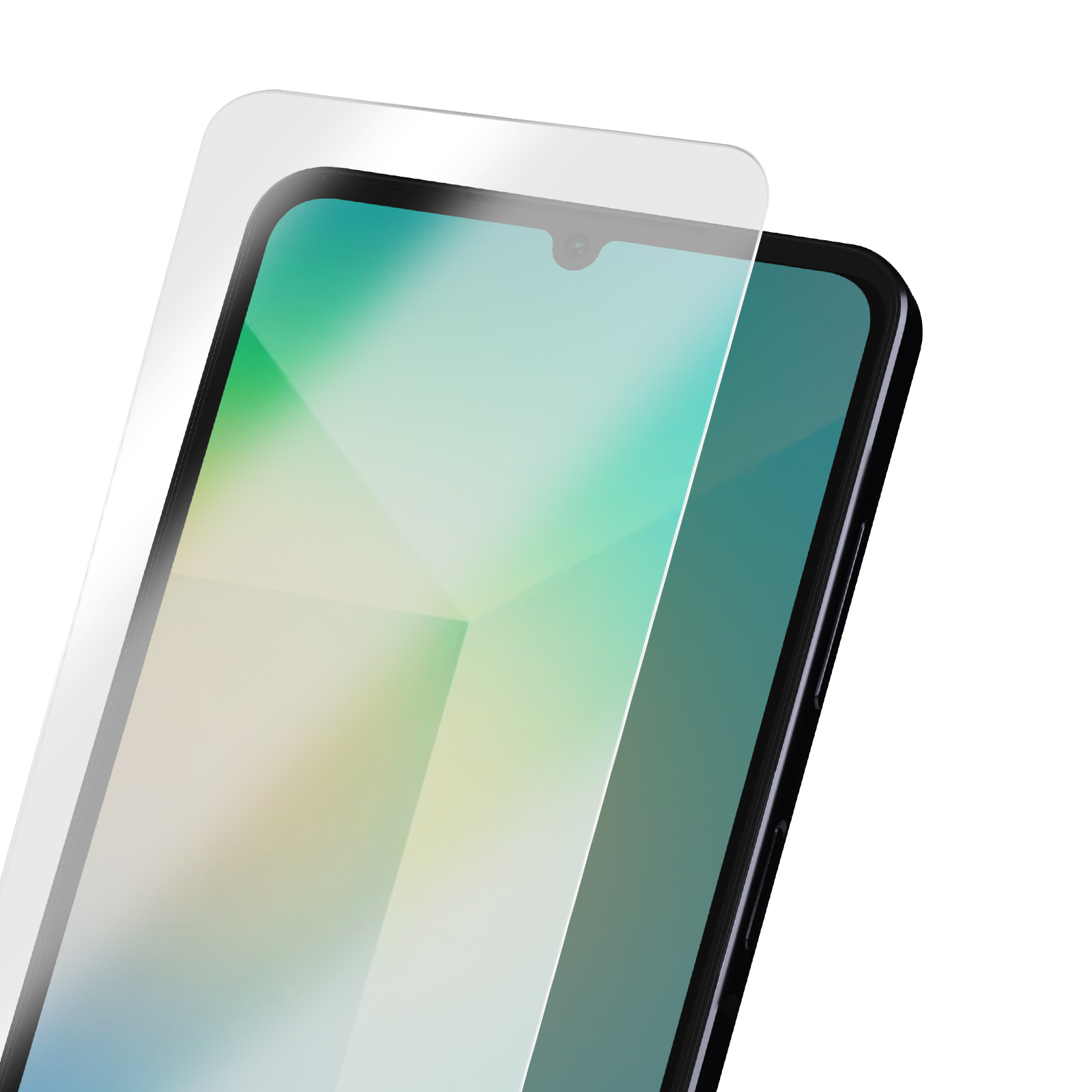 Se muestra un teléfono inteligente con un protector de pantalla. La pantalla muestra un degradado de verde y amarillo. El protector es transparente.