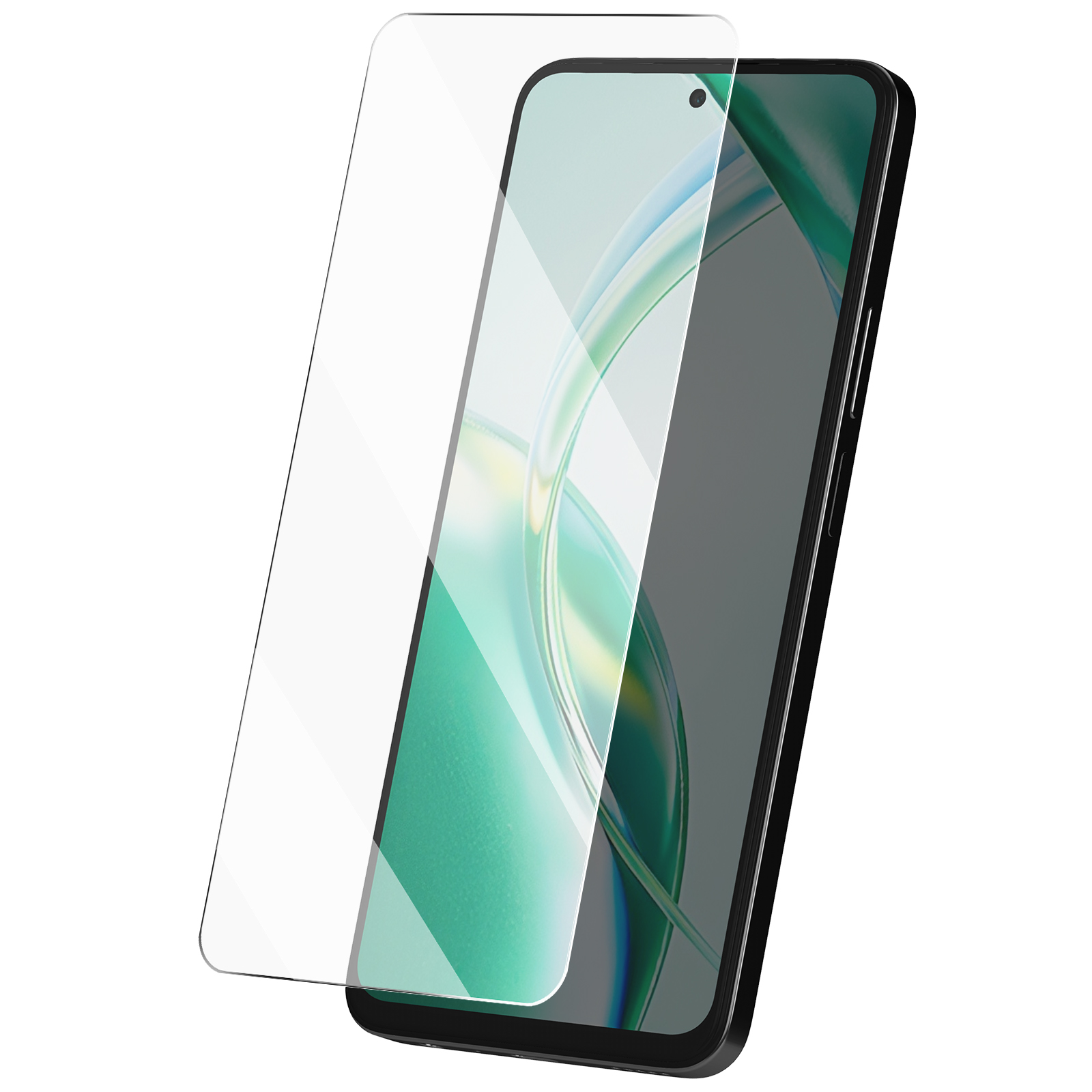 Uno smartphone con una protezione per lo schermo. La protezione è trasparente. Il telefono è nero e ha uno schermo.