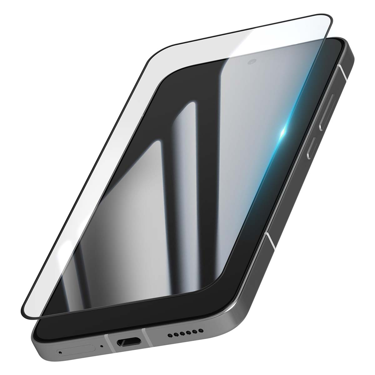 Een smartphone met een schermbeschermer. De telefoon is zwart en zilver, met een heldere glazen schermbeschermer die iets opgetild is.
