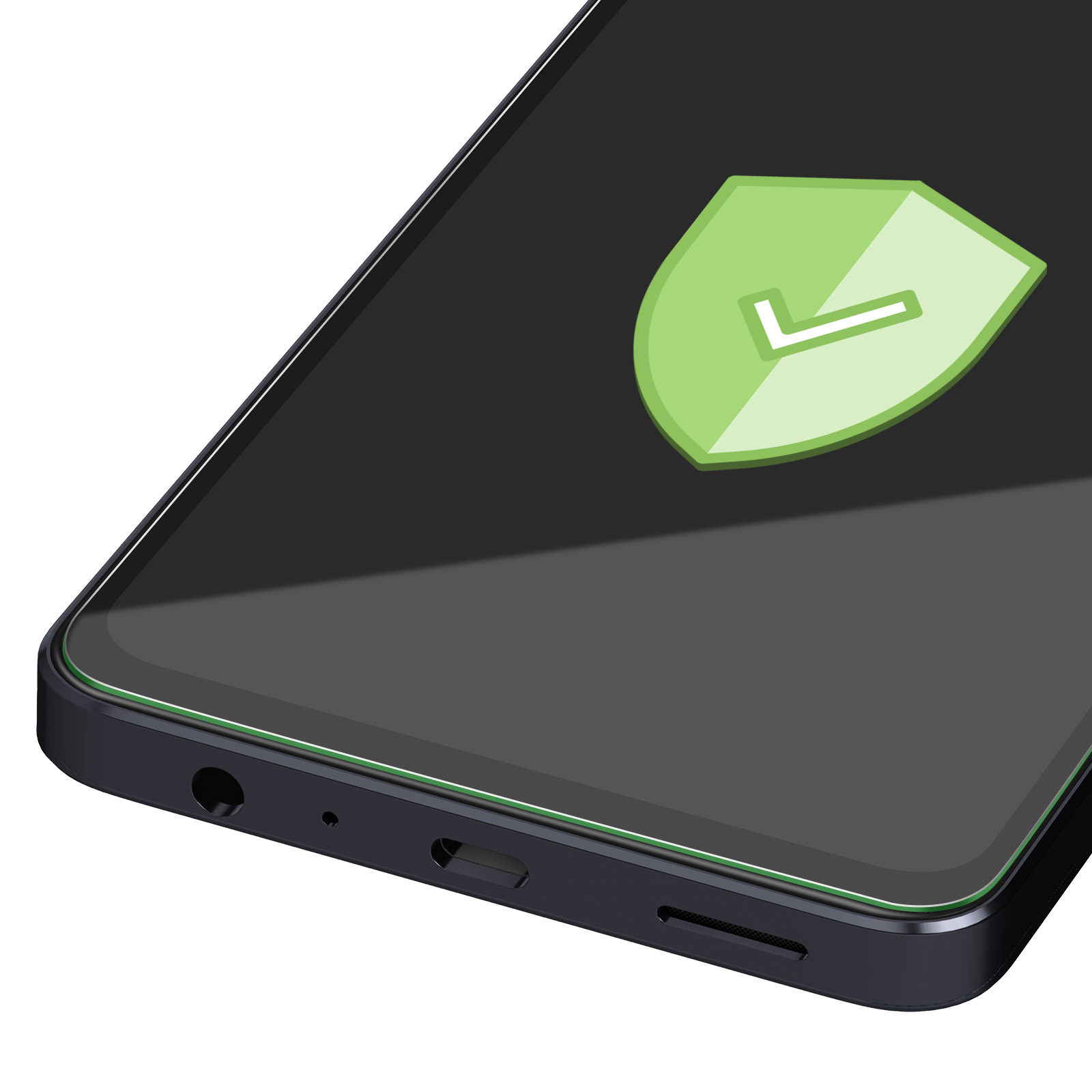 Primer plano de un smartphone con un icono de escudo verde con una marca de verificación. La pantalla es negra y el teléfono azul oscuro.