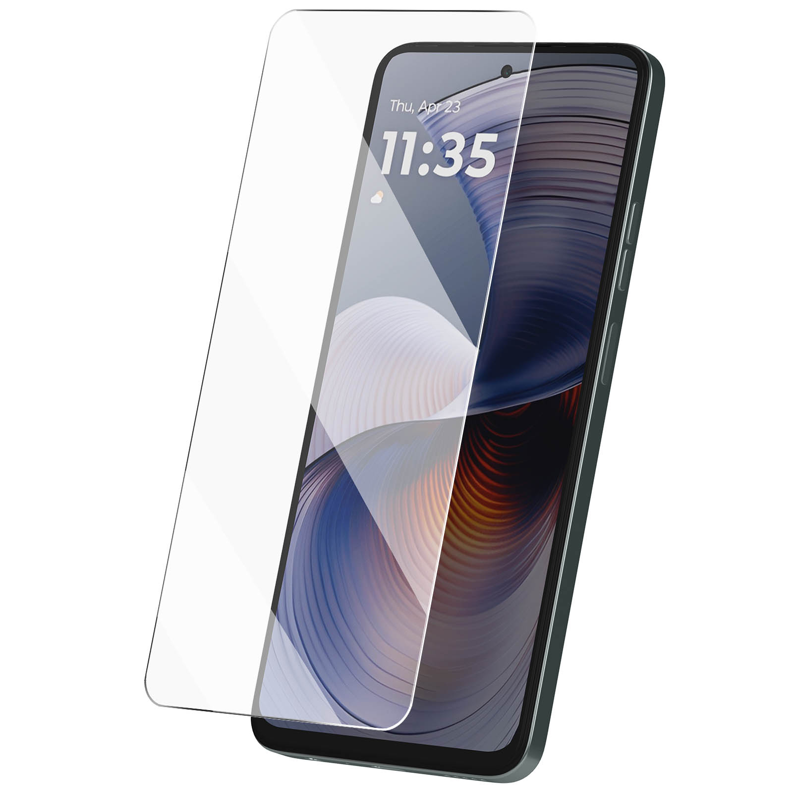 Uno smartphone con una protezione per lo schermo. Lo schermo mostra l'ora e la data. Il telefono è su sfondo bianco.