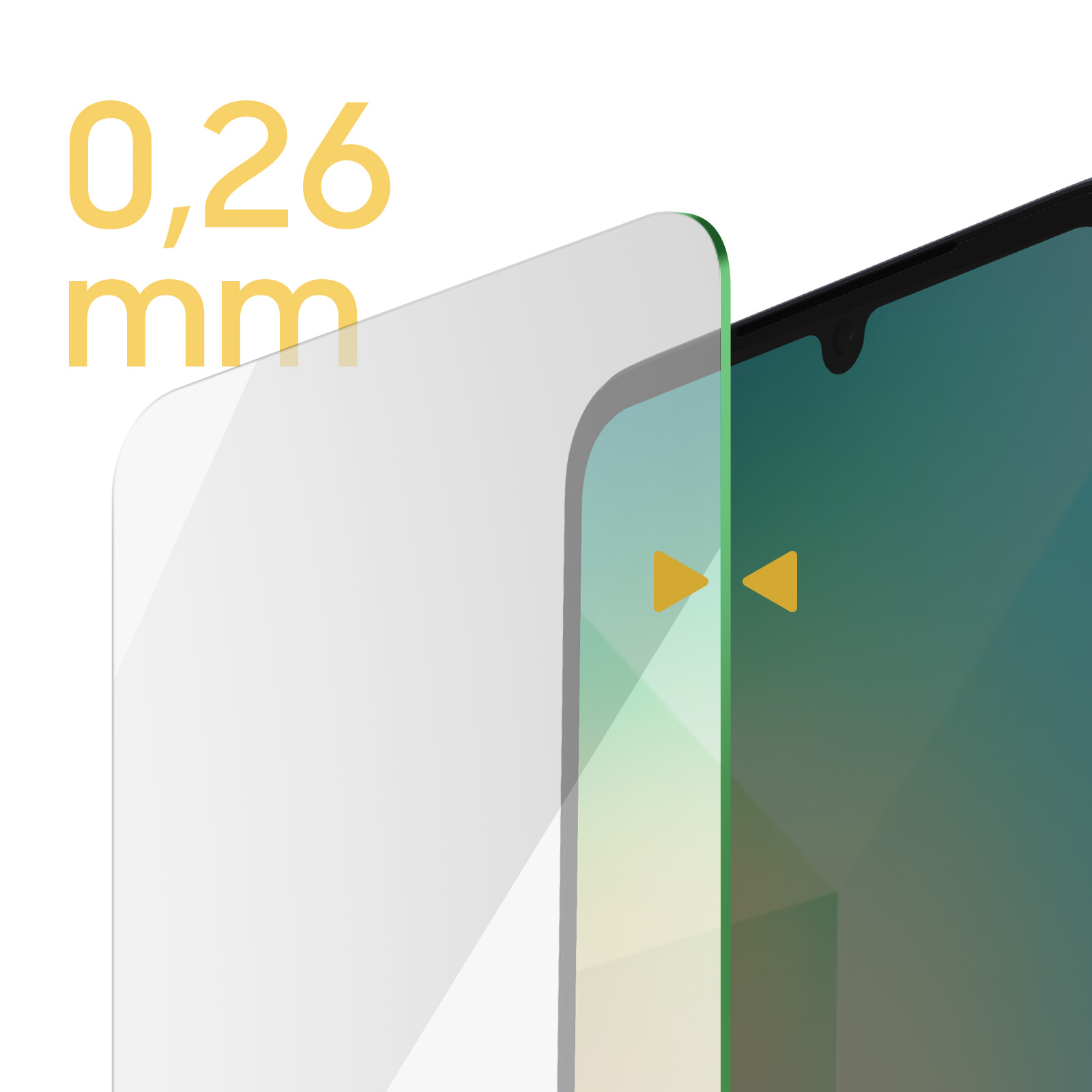 Un protector de pantalla muestra el grosor, 0,26 mm. Una pantalla de teléfono está a la derecha.
