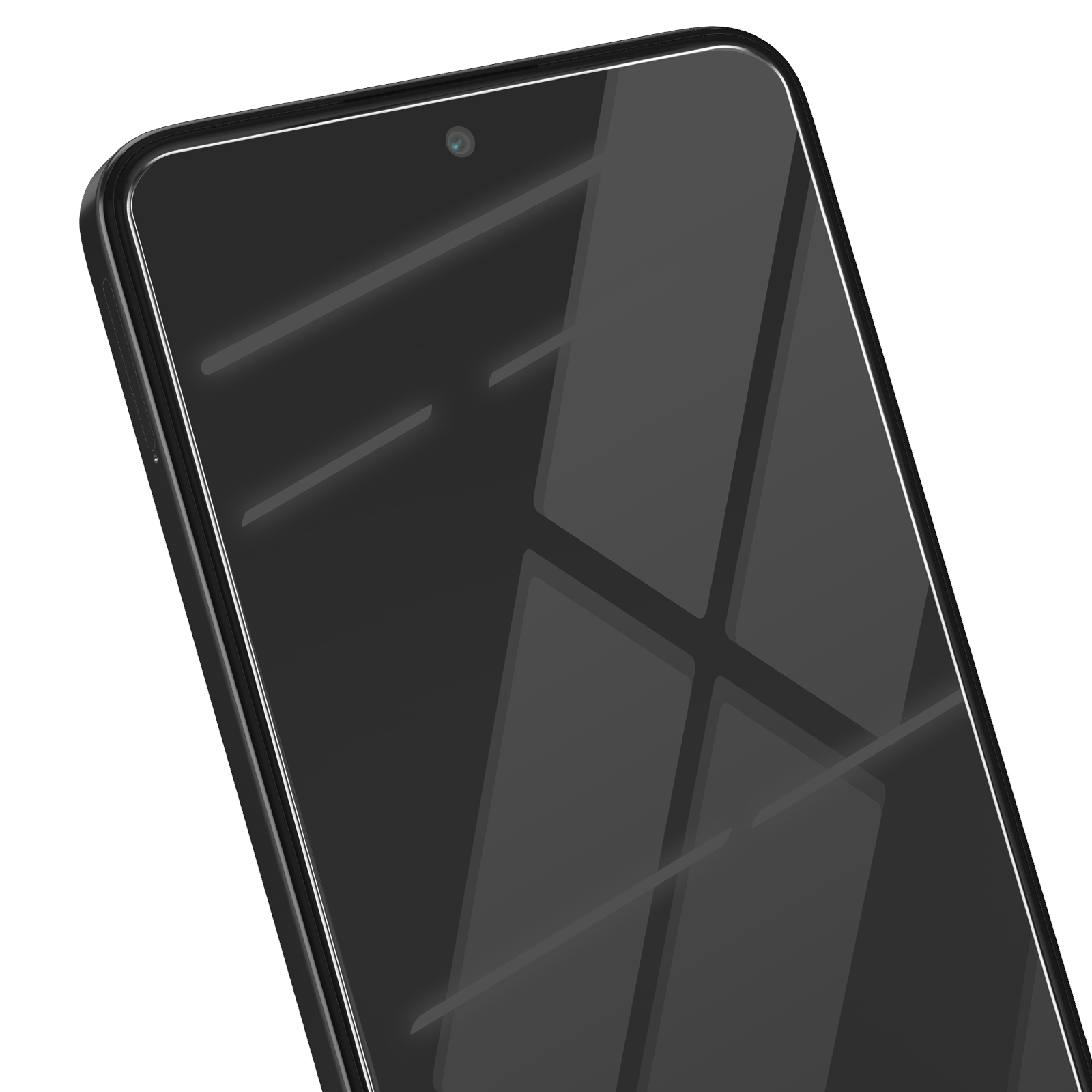 Primo piano di uno smartphone nero. Lo schermo riflette la luce. Fotocamera visibile. Anche la cornice del telefono è nera.