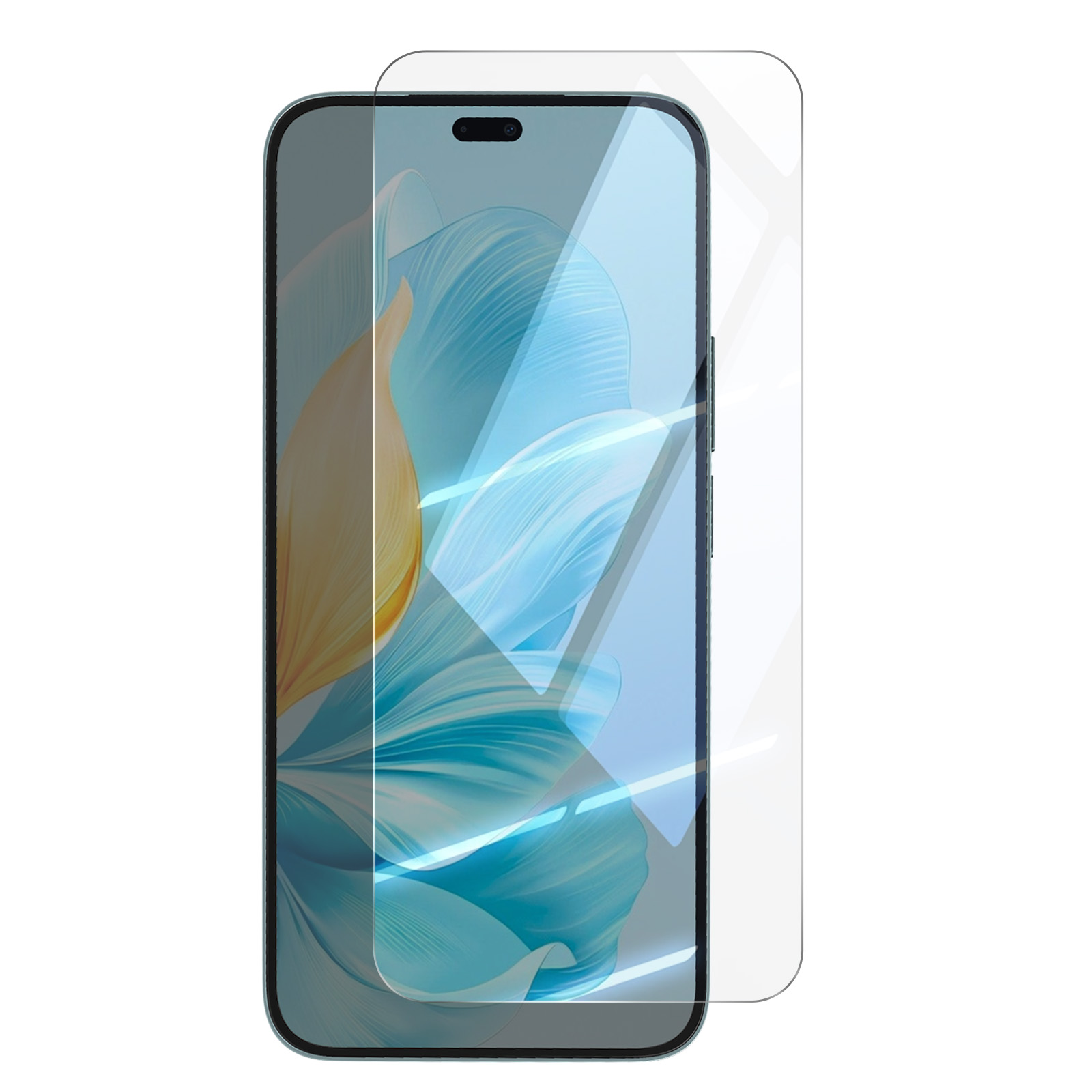 Uno smartphone con protezione schermo. Lo schermo mostra un design floreale. La protezione è trasparente, il telefono nero.