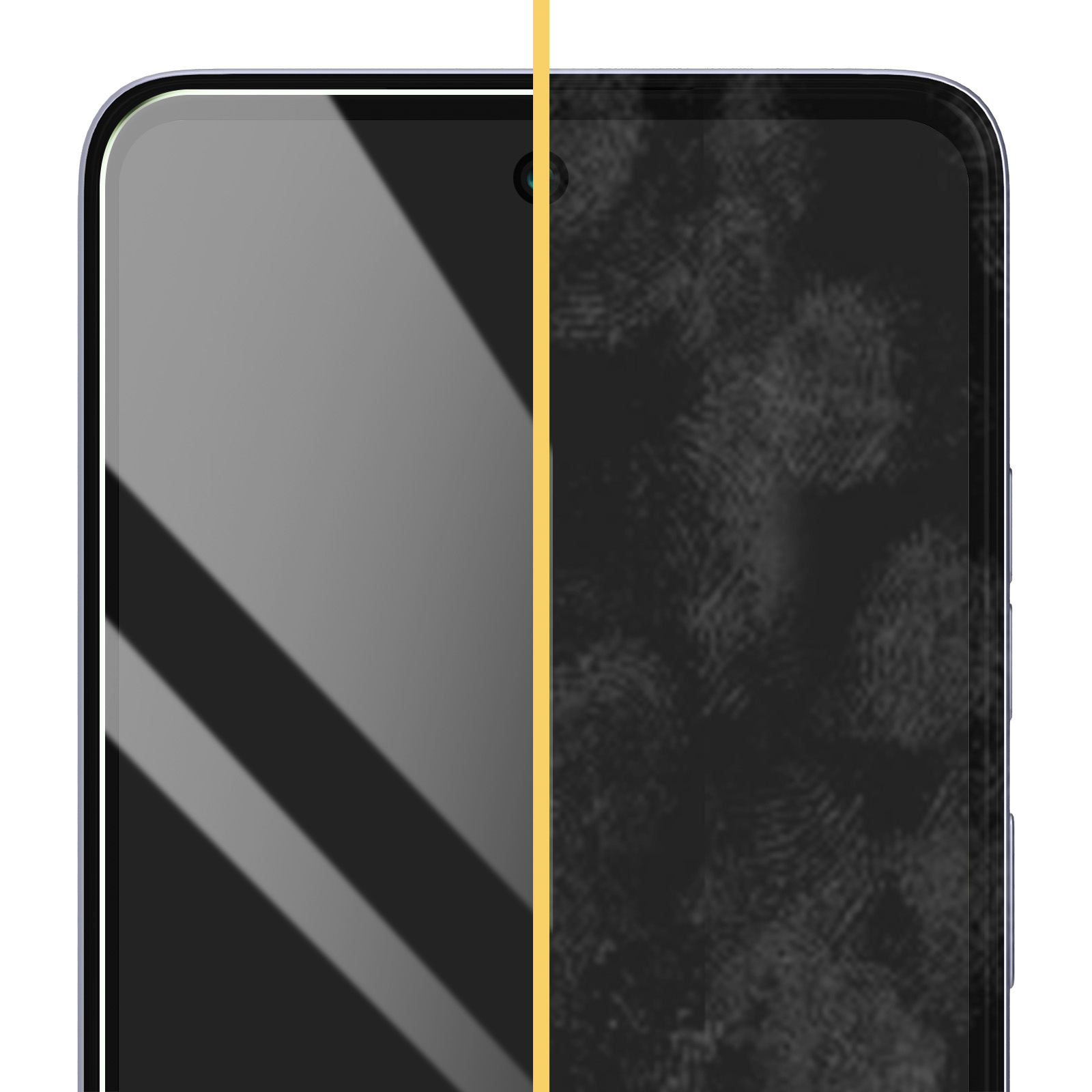 Primer plano de la pantalla de un smartphone. El lado izquierdo es gris, el derecho oscuro con huellas dactilares. Línea amarilla en el medio.