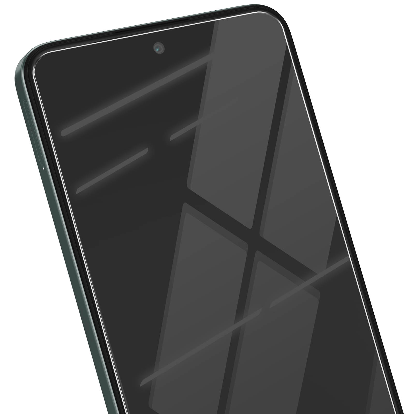 Primo piano dello schermo di uno smartphone. Lo schermo è nero e riflette la luce, fotocamera in alto.