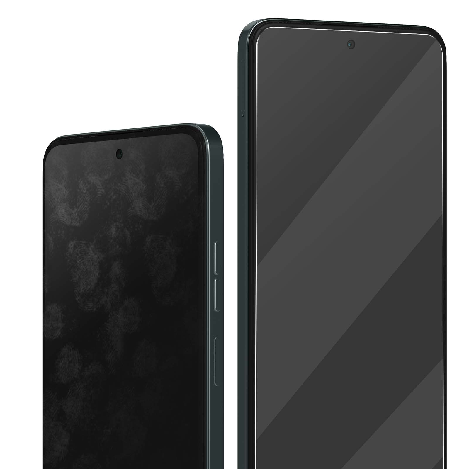 Due smartphone, uno con impronte digitali sullo schermo. L'altro è pulito. Entrambi sono grigio scuro con schermi neri, uno accanto all'altro.