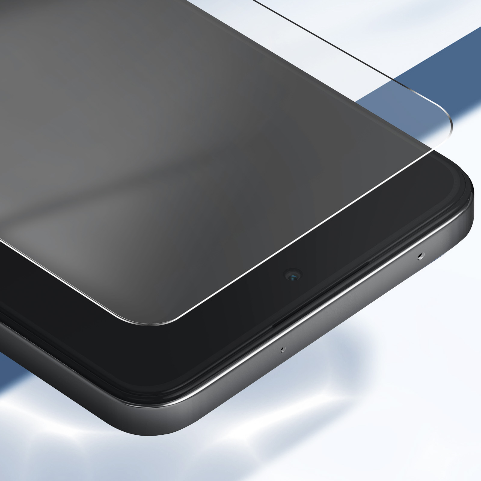 Primo piano di uno smartphone nero con una protezione per lo schermo applicata. Lo sfondo è azzurro e bianco.