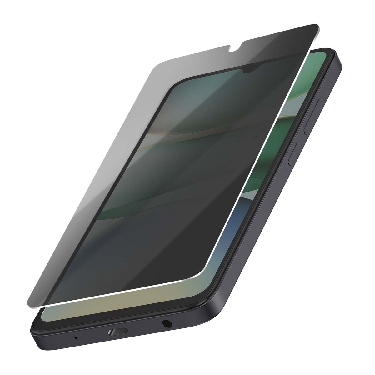 Un smartphone avec un protecteur d'écran. Le protecteur est gris, partiellement soulevé. Le téléphone est gris foncé et incliné vers le haut.