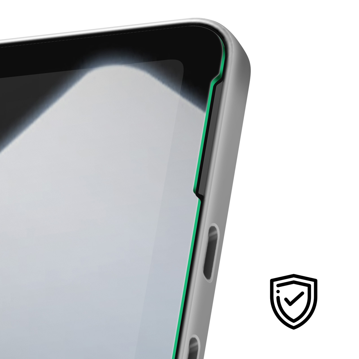 Primo piano di un telefono, schermo protetto da una custodia con bordo verde. Un'icona a scudo con un segno di spunta è a destra.