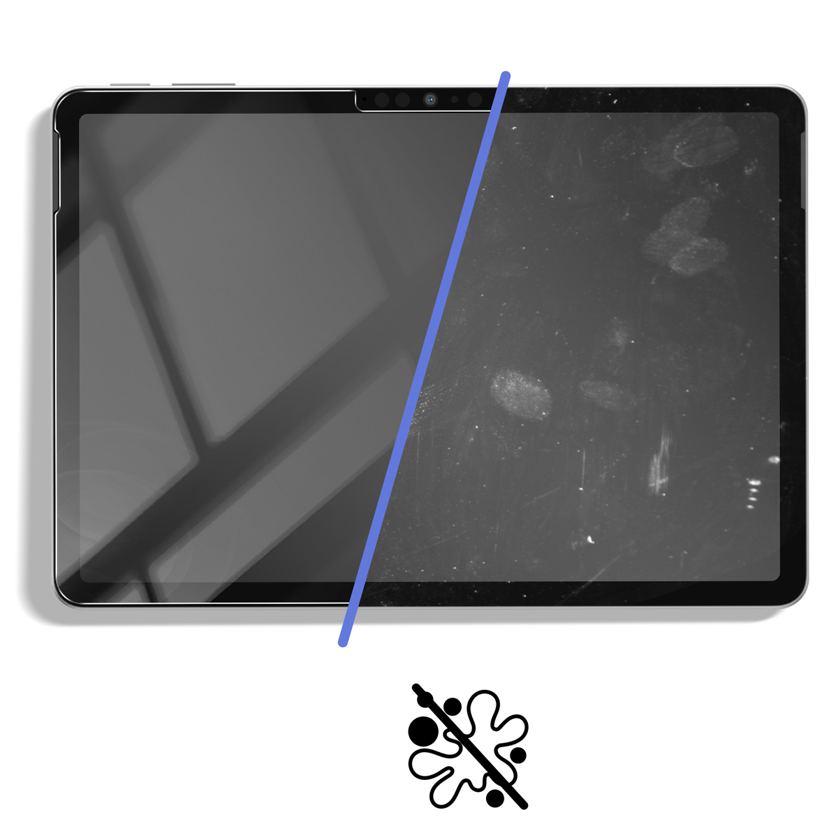 Schermo del tablet, metà pulito, metà sporco con impronte digitali. Una linea blu divide i lati. Un logo sotto.