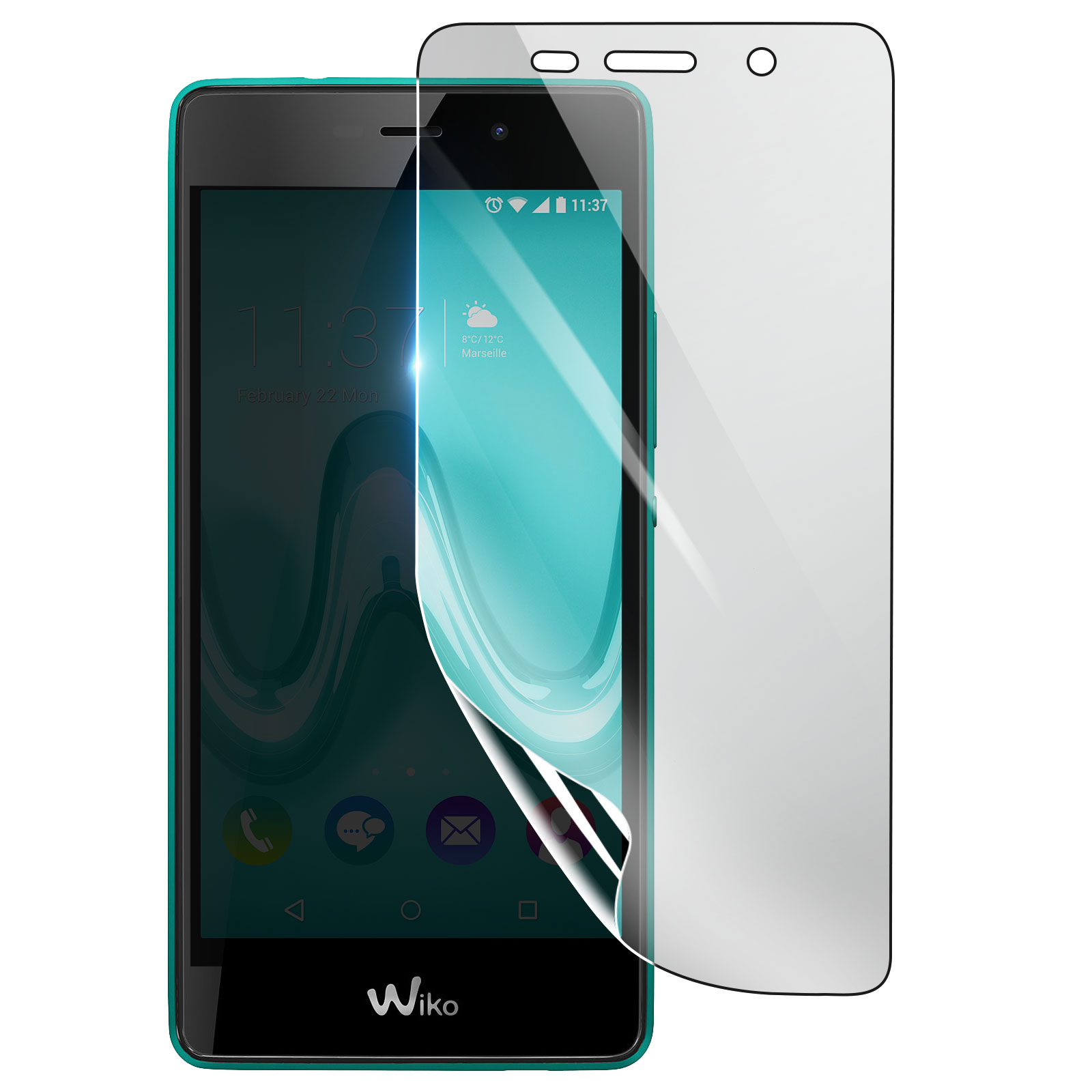 Uno smartphone Wiko con protezione schermo. Il telefono è verde acqua e nero, mostra l'ora. La protezione è parzialmente staccata.