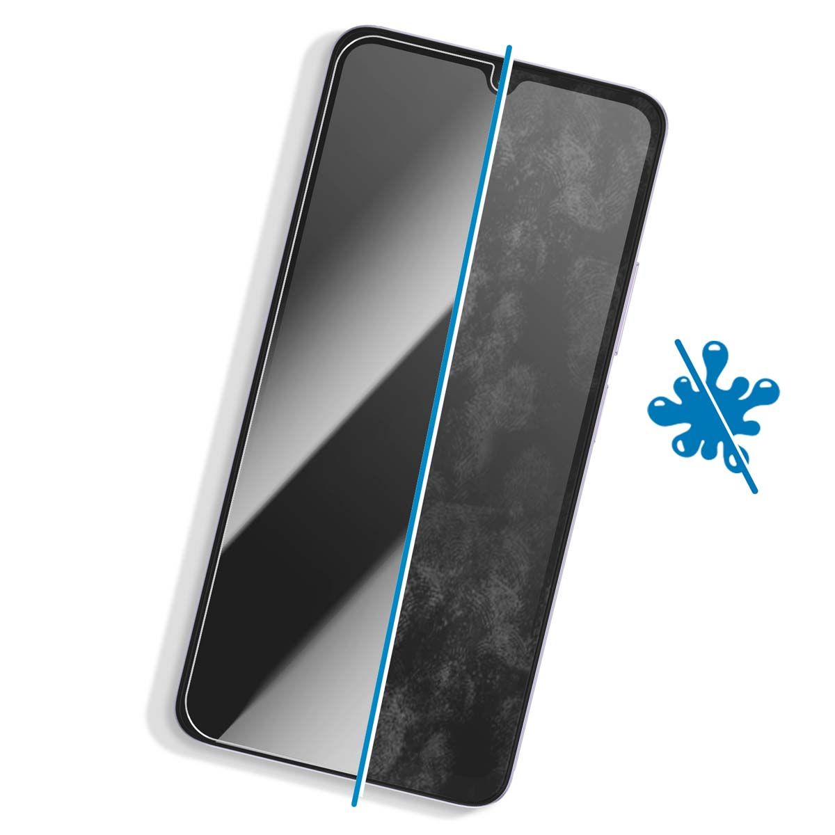 Uno smartphone con una protezione per lo schermo applicata. Il lato sinistro mostra uno schermo chiaro e il lato destro un'impronta digitale. Un'icona di goccia d'acqua sbarrata.