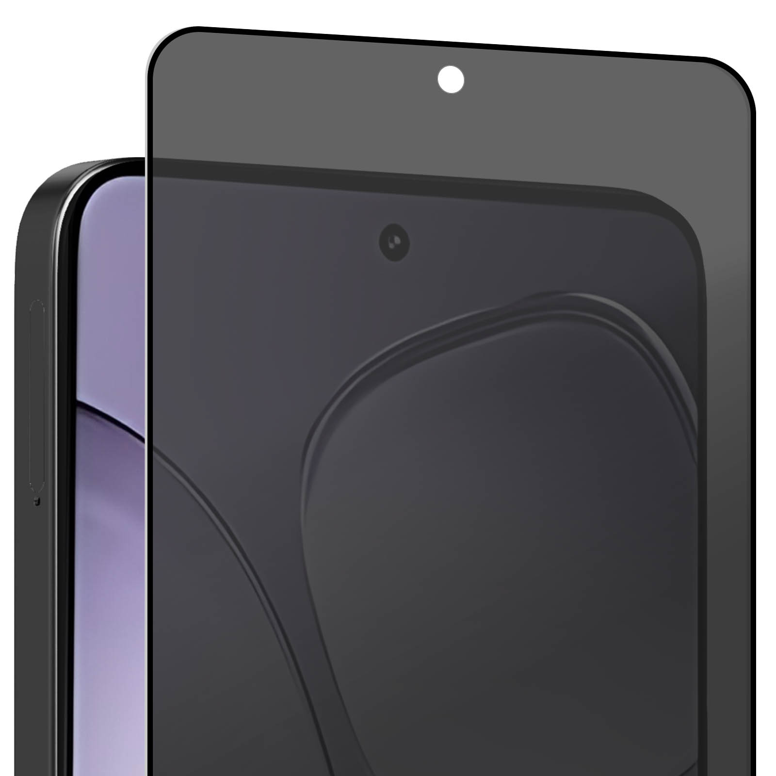Un protector de pantalla de teléfono inteligente se coloca sobre un teléfono inteligente. El protector es gris oscuro, con un recorte para cámara y sensor.