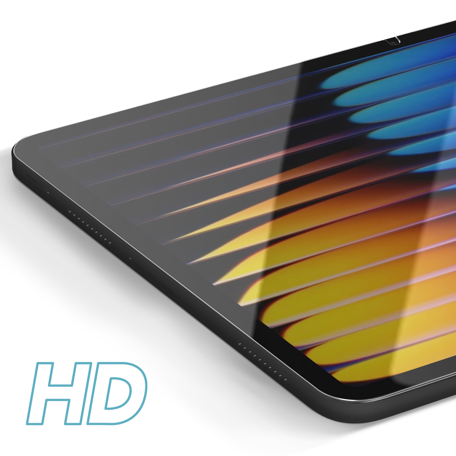 Close-up van een tablet. Het scherm toont een kleurrijke gradiënt. De tablet is zwart, met het woord 'HD' onderaan.