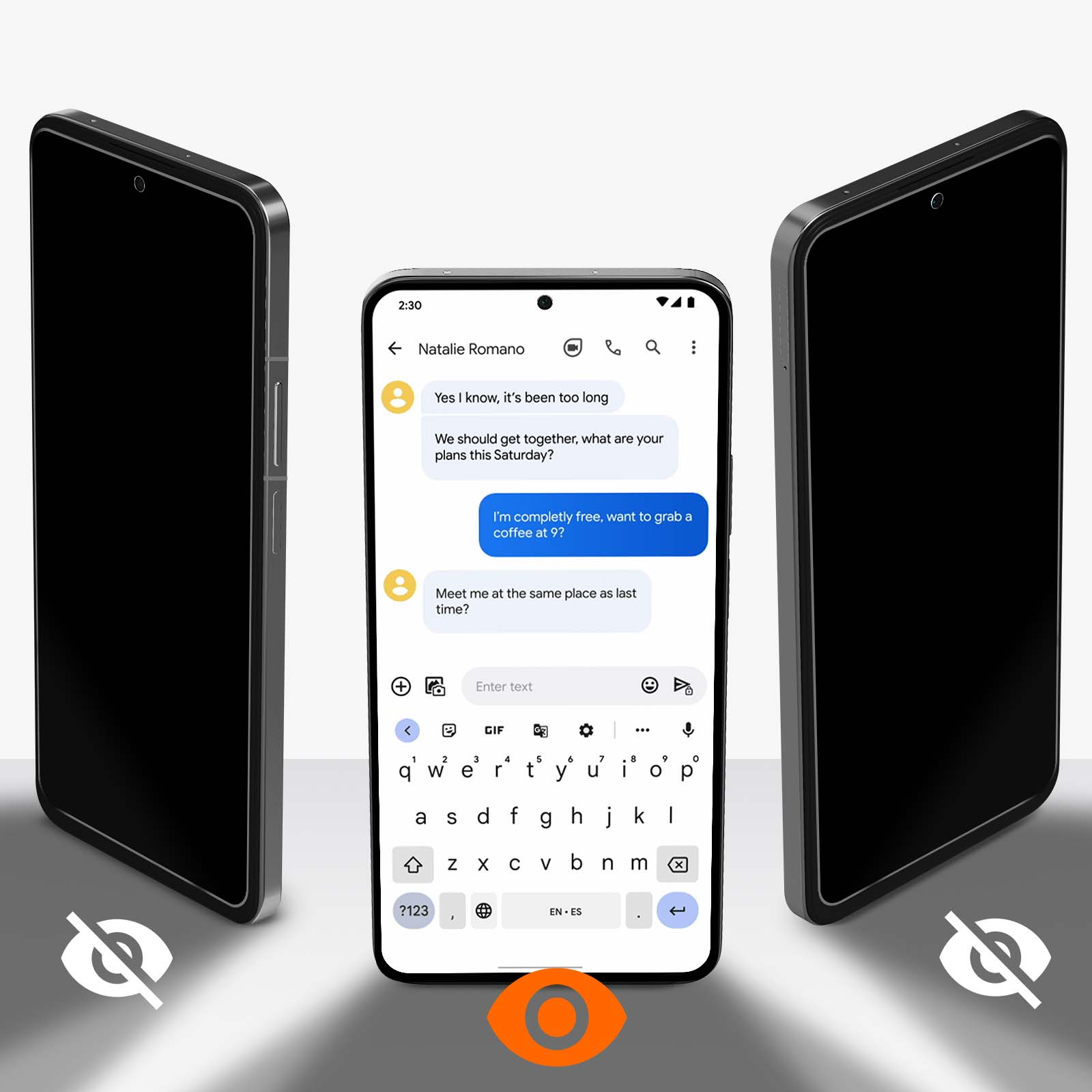 Tres teléfonos inteligentes, uno central con mensajes de texto, otros dos son pantallas negras. Iconos de ojos sugieren ayuda visual.