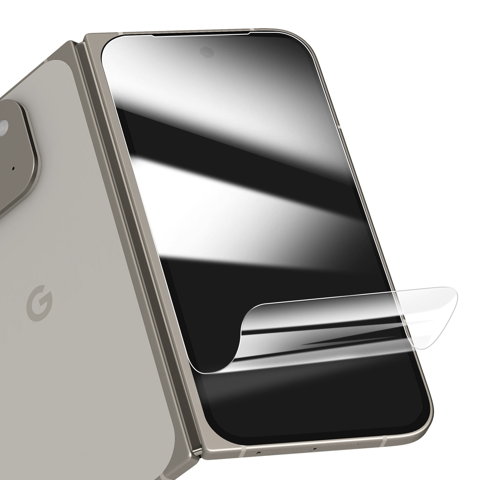 Uno smartphone con una protezione per lo schermo in fase di applicazione. Il telefono è argento e ha uno schermo nero. La protezione si stacca.