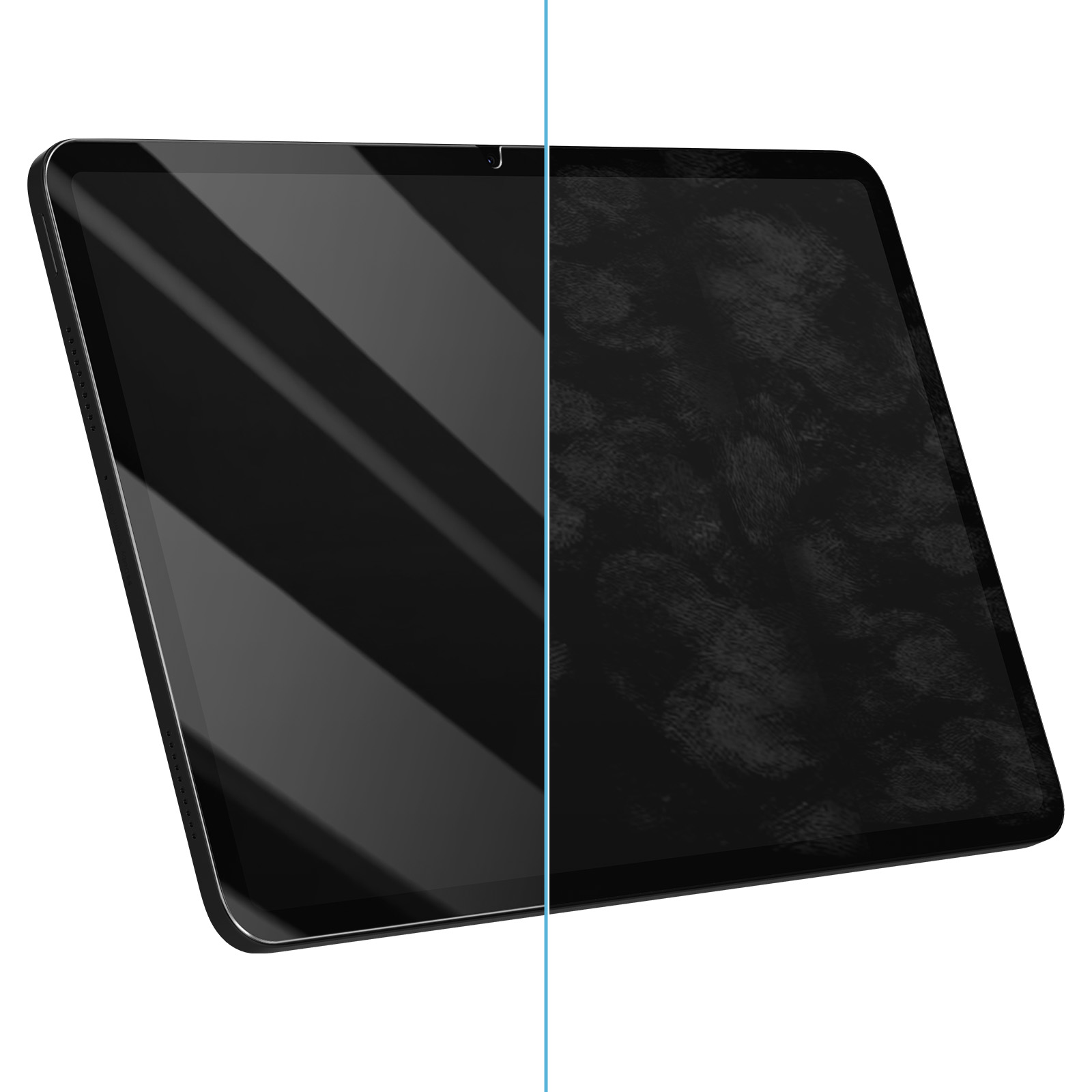 Een zwarte tablet met een glanzend scherm met reflecties. De rechterkant heeft vingerafdrukken.