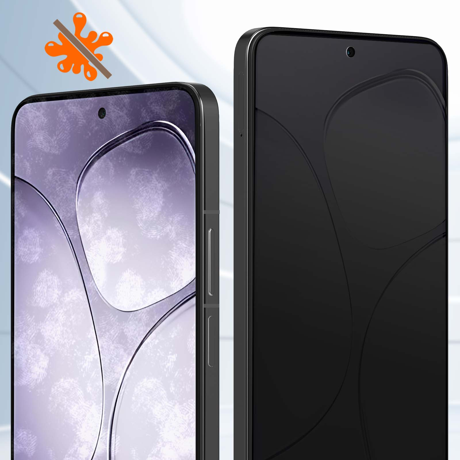Dos smartphones uno al lado del otro. El izquierdo tiene un diseño morado, el derecho es negro. Una mancha naranja está tachada.