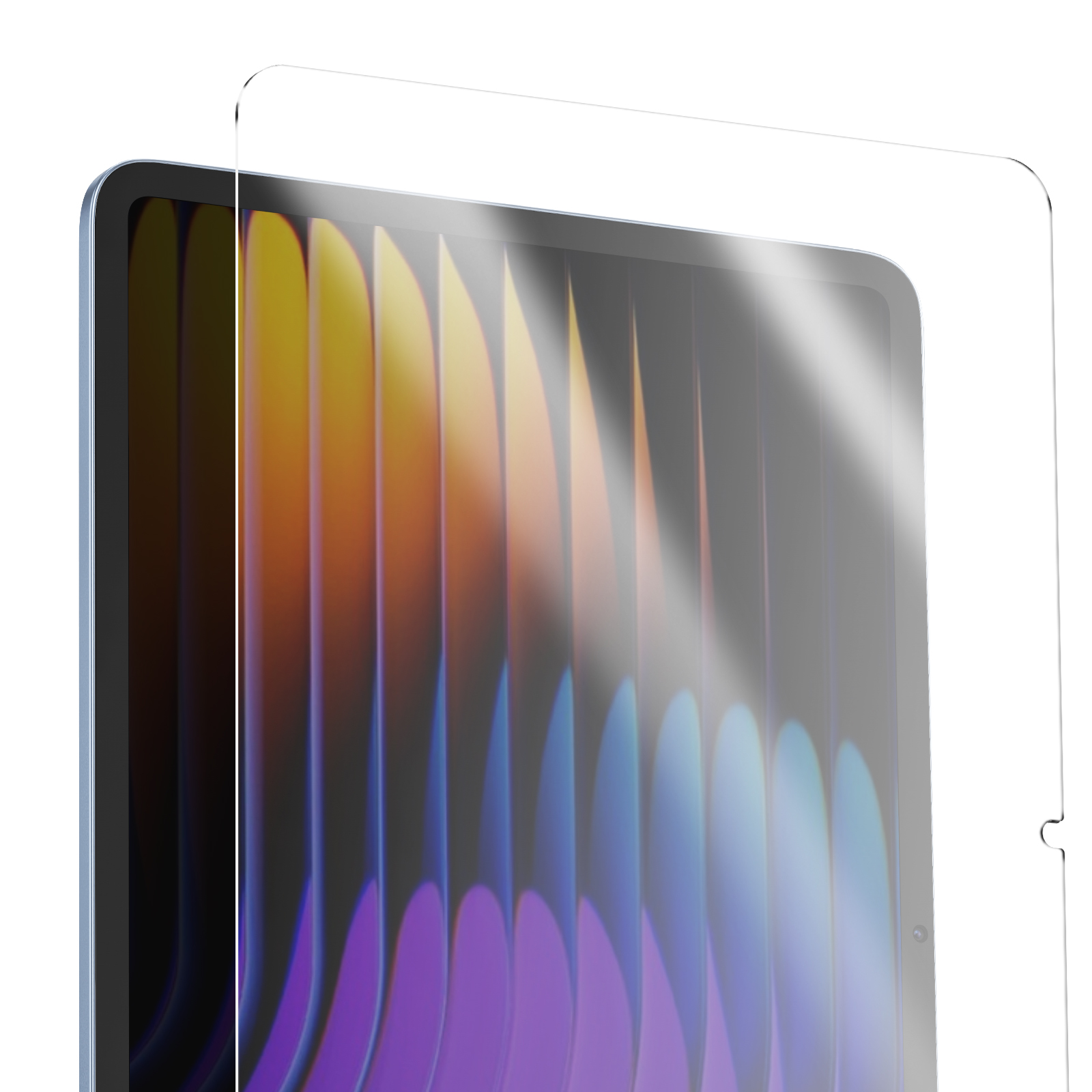 Un iPad con una protezione per lo schermo applicata. Lo schermo mostra forme astratte colorate. La protezione è trasparente.