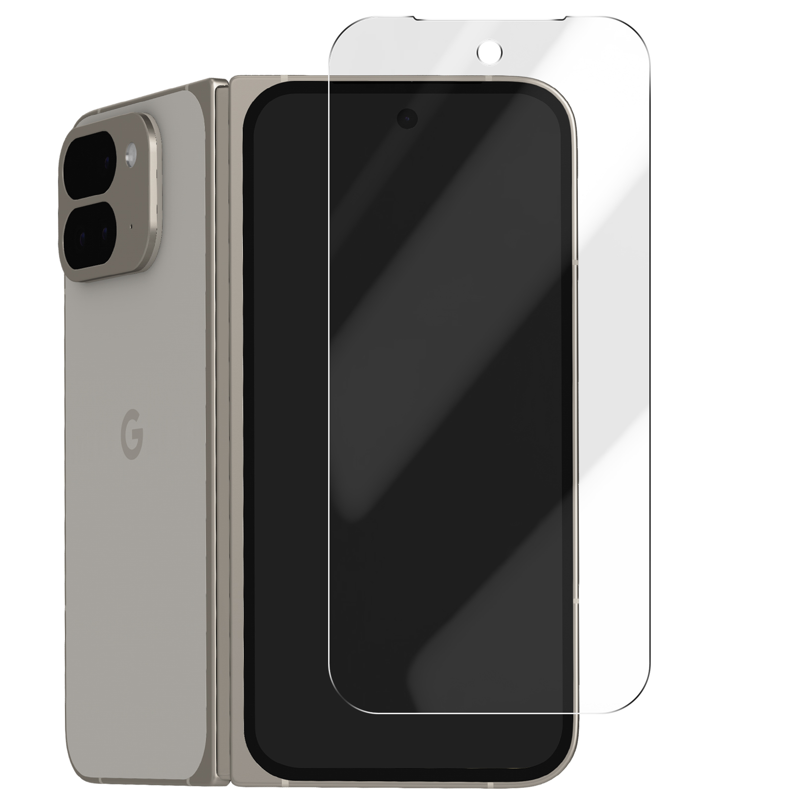 Smartphone pieghevole con protezione schermo. Il telefono è argento con schermo nero. La protezione è trasparente.