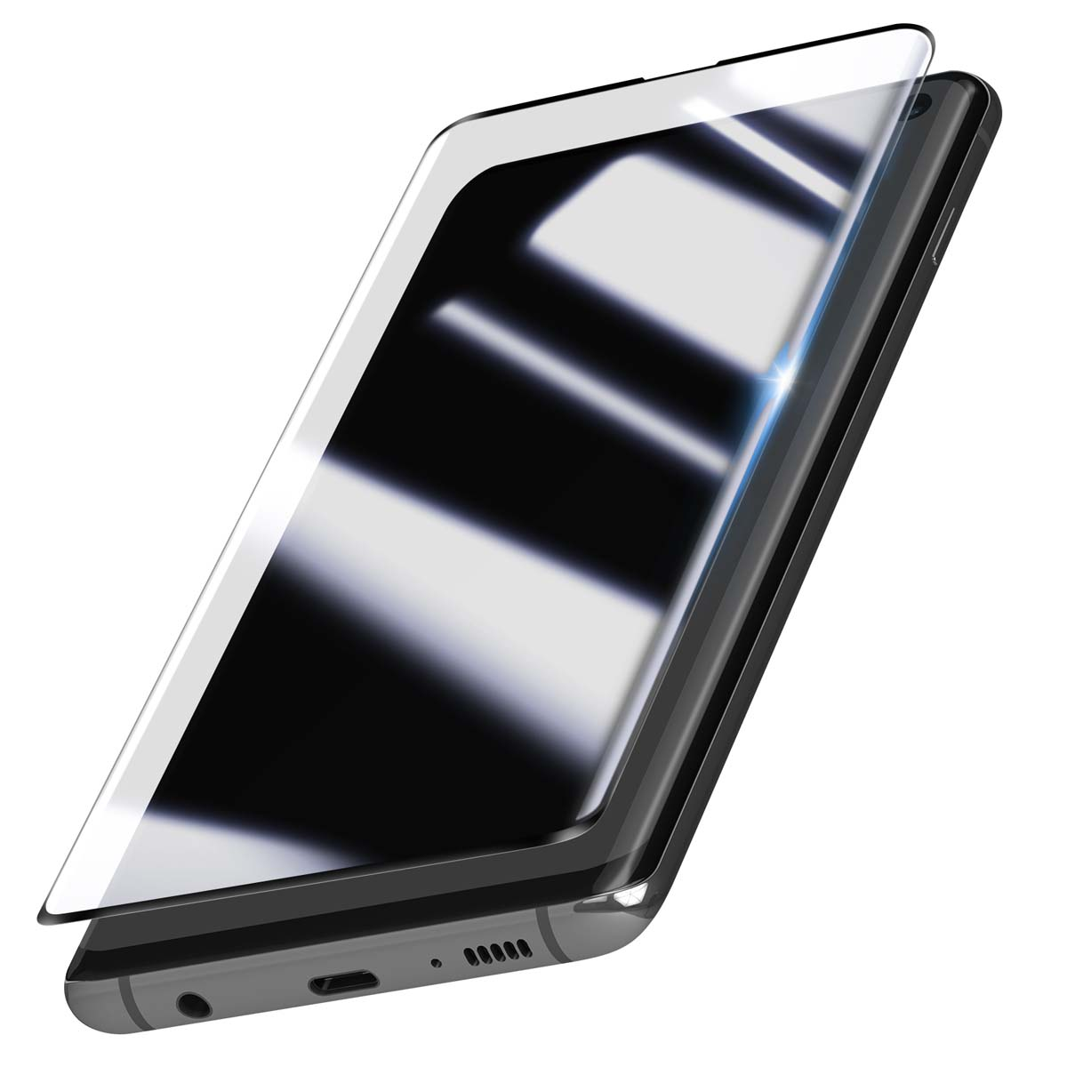Smartphone con protezione schermo. Il telefono è nero e grigio, con una protezione schermo trasparente leggermente sollevata.