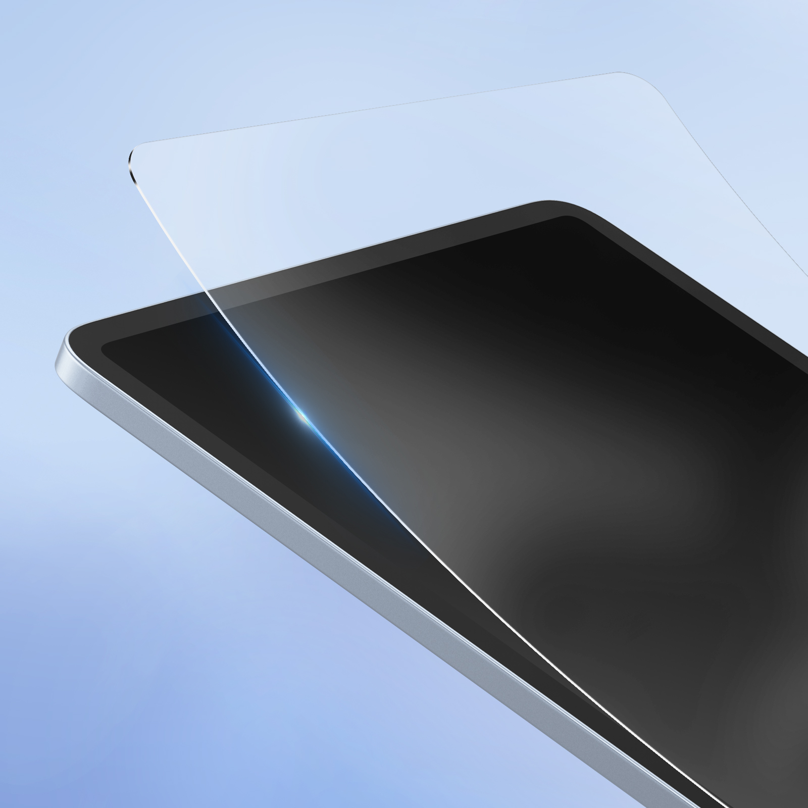Un tablet con una protezione per lo schermo applicata. Lo schermo è nero, la protezione trasparente e lo sfondo blu.