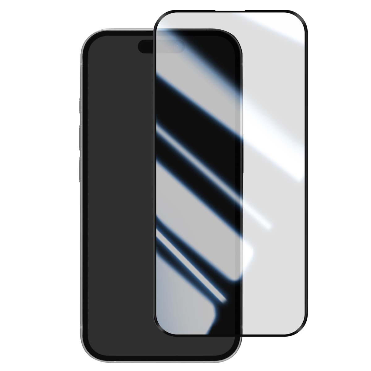 Een smartphone met een schermbeschermer. De telefoon is zwart en de beschermer is helder.