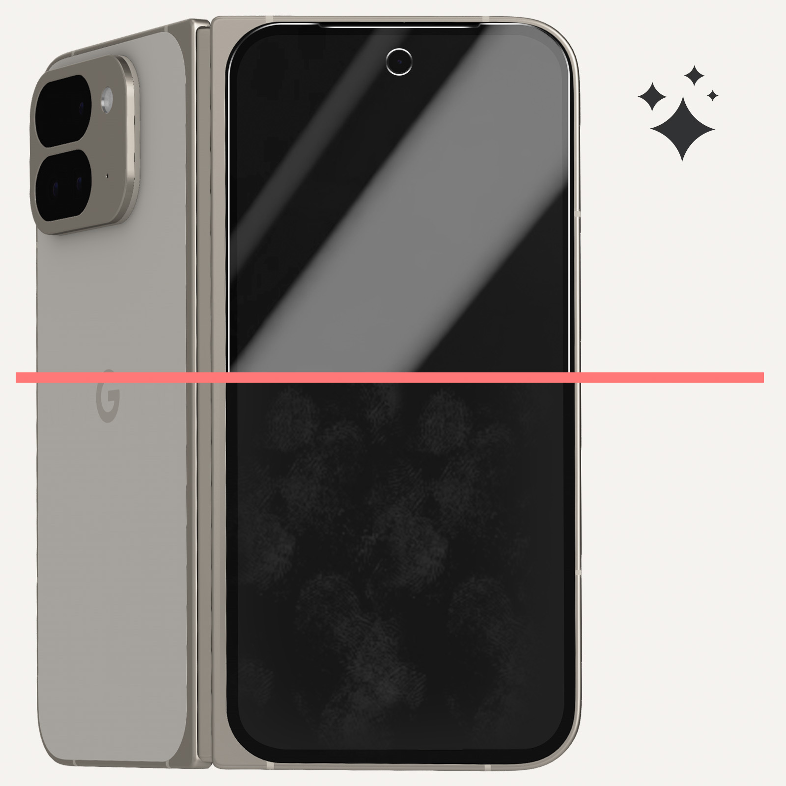 Uno smartphone pieghevole, colore argento, parzialmente aperto. Due lenti sul retro. Schermo nero, riflesso della luce. Stelle lucenti.
